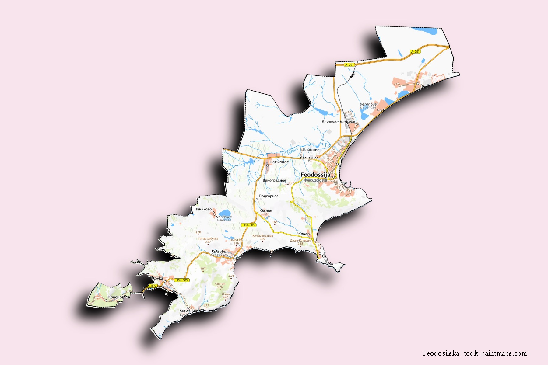 Feodosiiska neighborhoods and villages map with 3D shadow effect