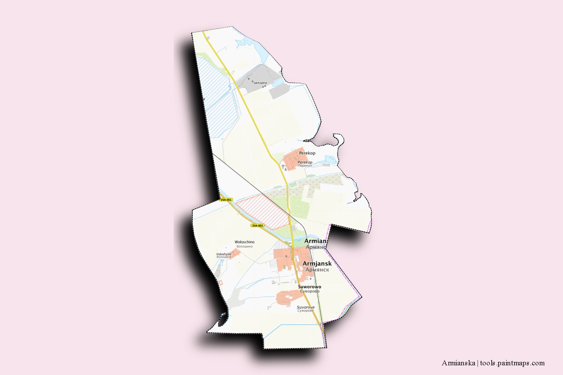 Armianska neighborhoods and villages map with 3D shadow effect