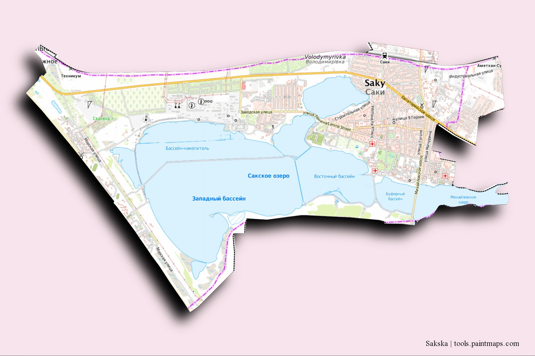 Sakska neighborhoods and villages map with 3D shadow effect
