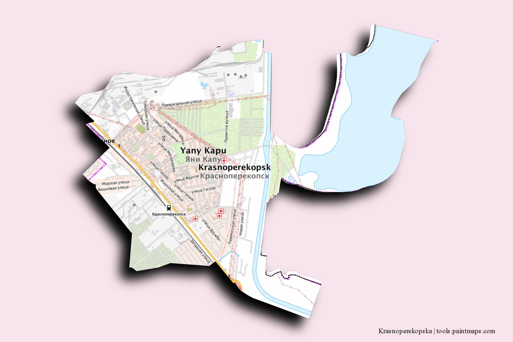 Krasnoperekopska neighborhoods and villages map with 3D shadow effect