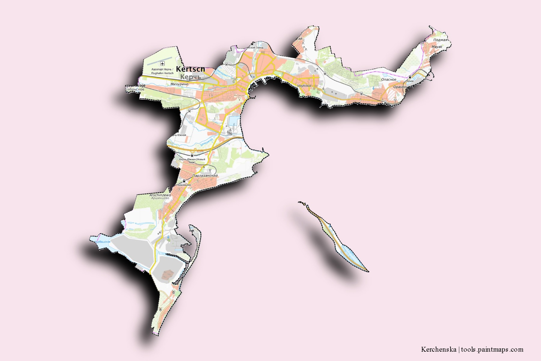 Kerchenska neighborhoods and villages map with 3D shadow effect
