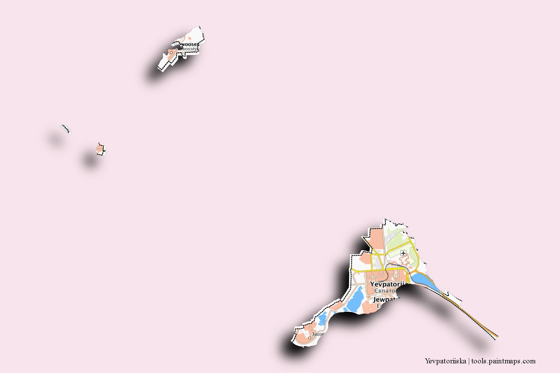 Yevpatoriiska neighborhoods and villages map with 3D shadow effect