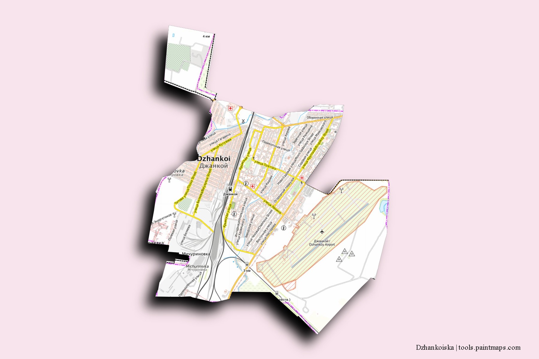 Dzhankoiska neighborhoods and villages map with 3D shadow effect