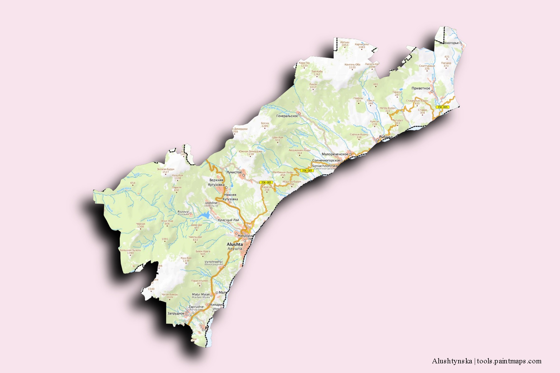 Alushtynska neighborhoods and villages map with 3D shadow effect
