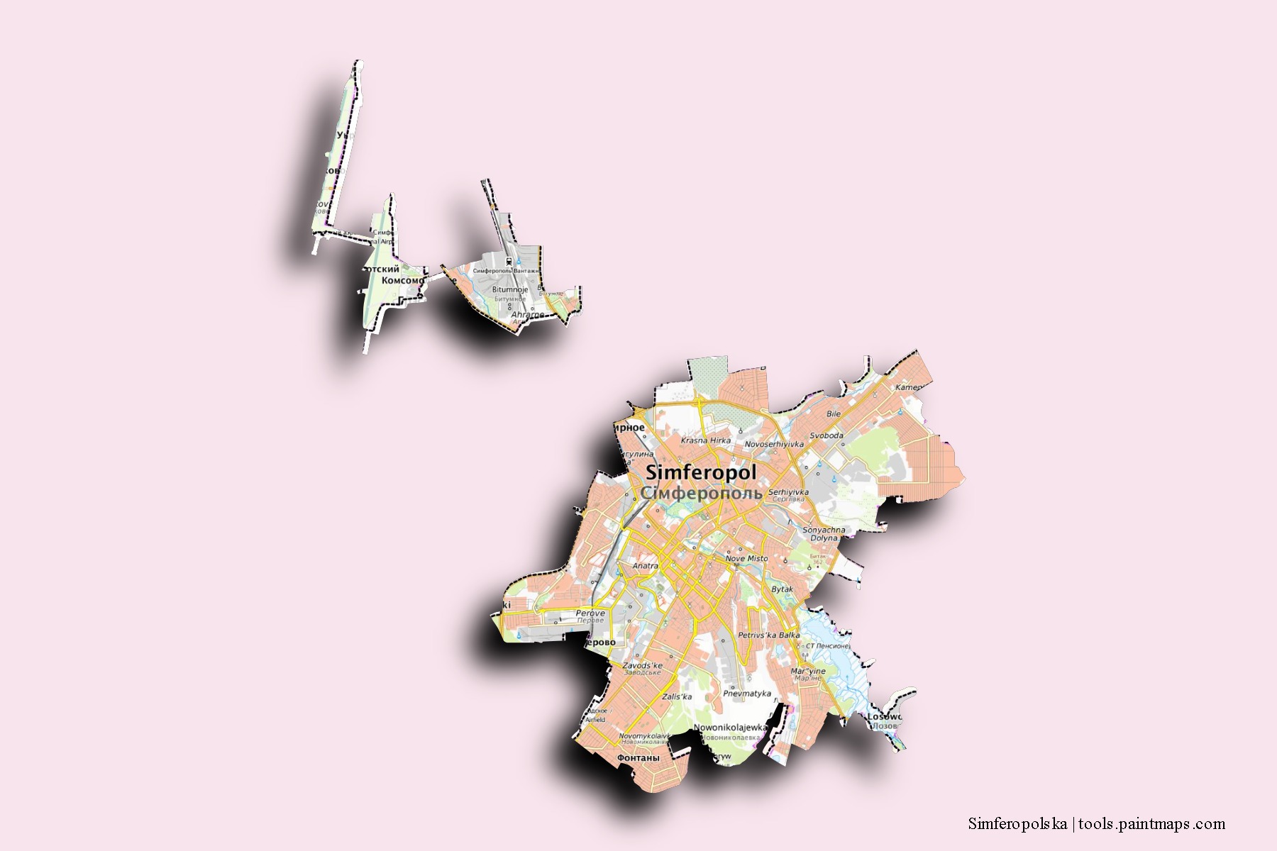 Simferopolska neighborhoods and villages map with 3D shadow effect