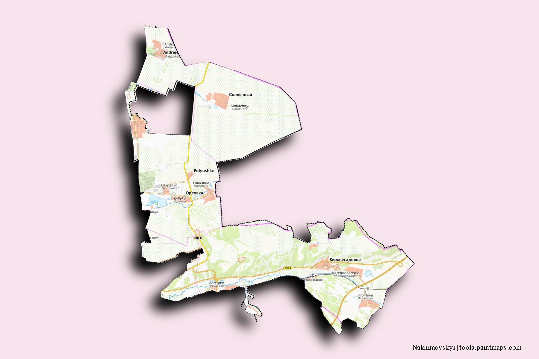 Nakhimovskyi neighborhoods and villages map with 3D shadow effect