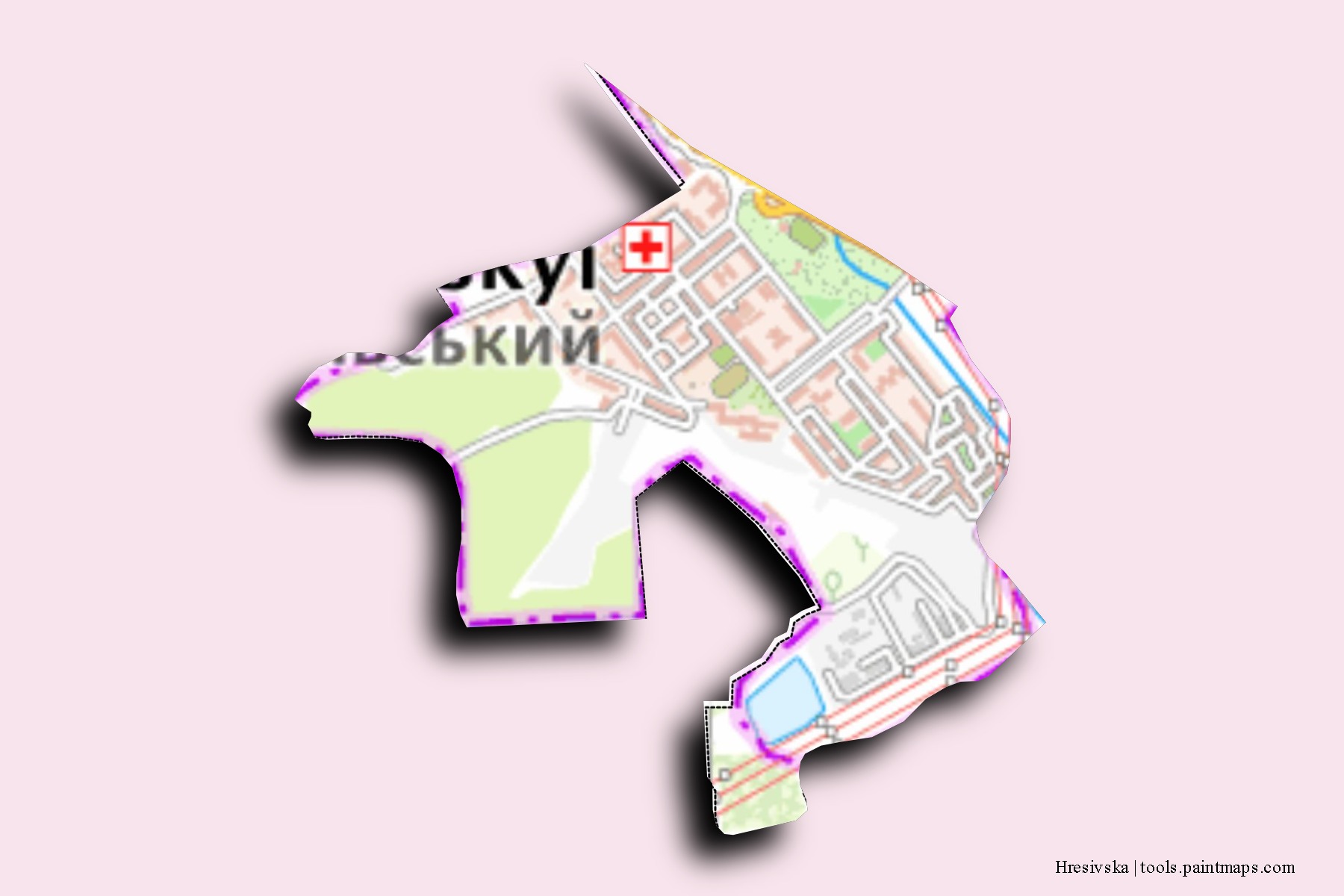 Hresivska neighborhoods and villages map with 3D shadow effect
