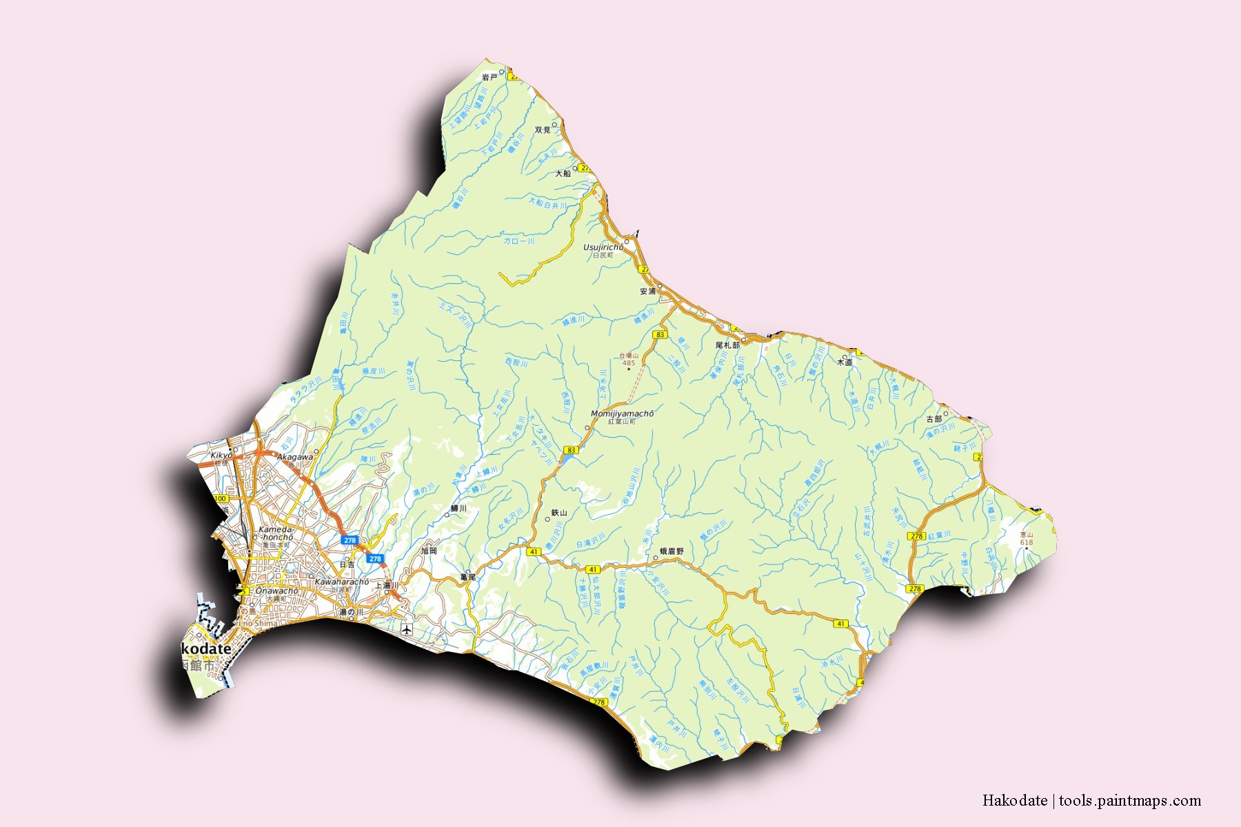 3D gölge efektli Hakodate mahalleleri ve köyleri haritası