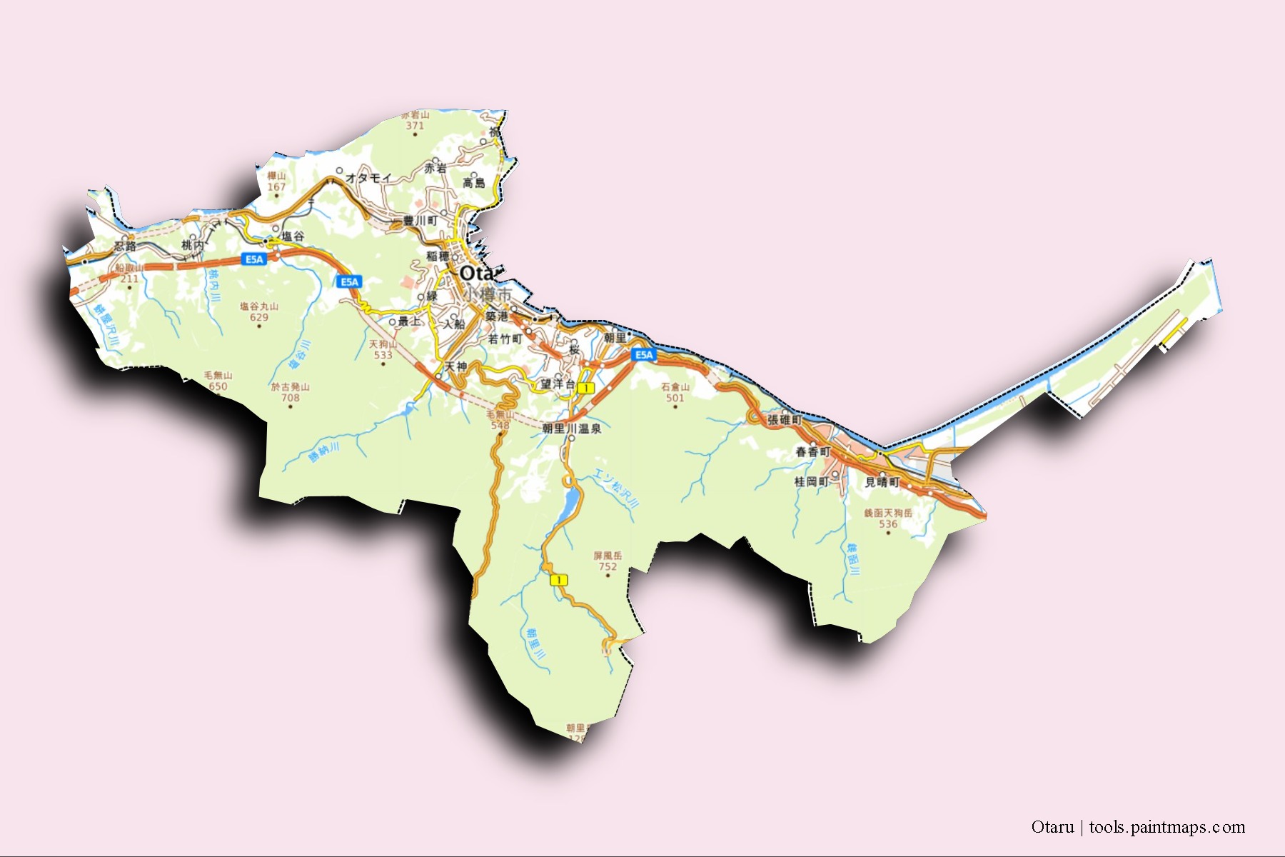 Otaru neighborhoods and villages map with 3D shadow effect