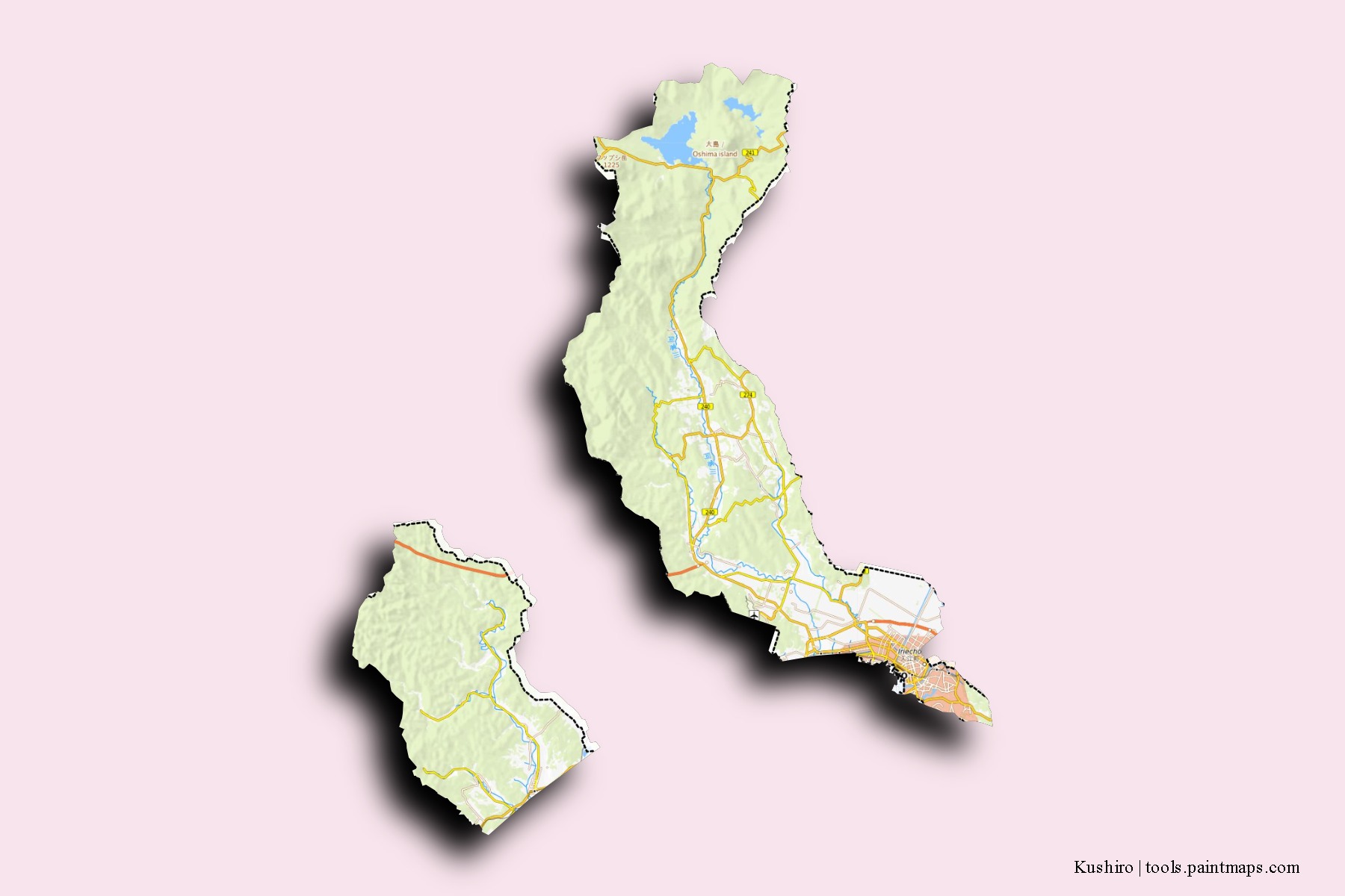 Kushiro neighborhoods and villages map with 3D shadow effect