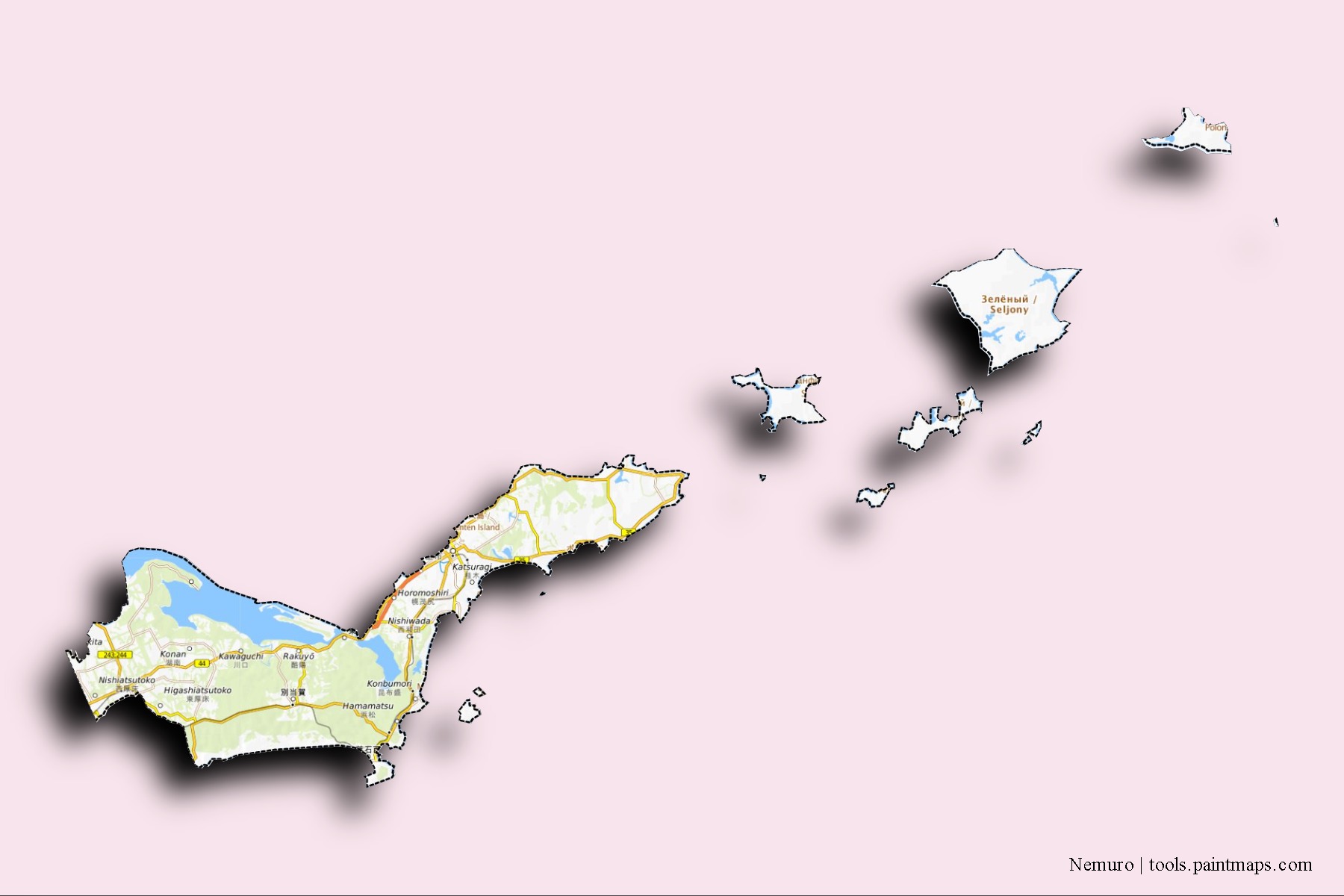 Nemuro neighborhoods and villages map with 3D shadow effect