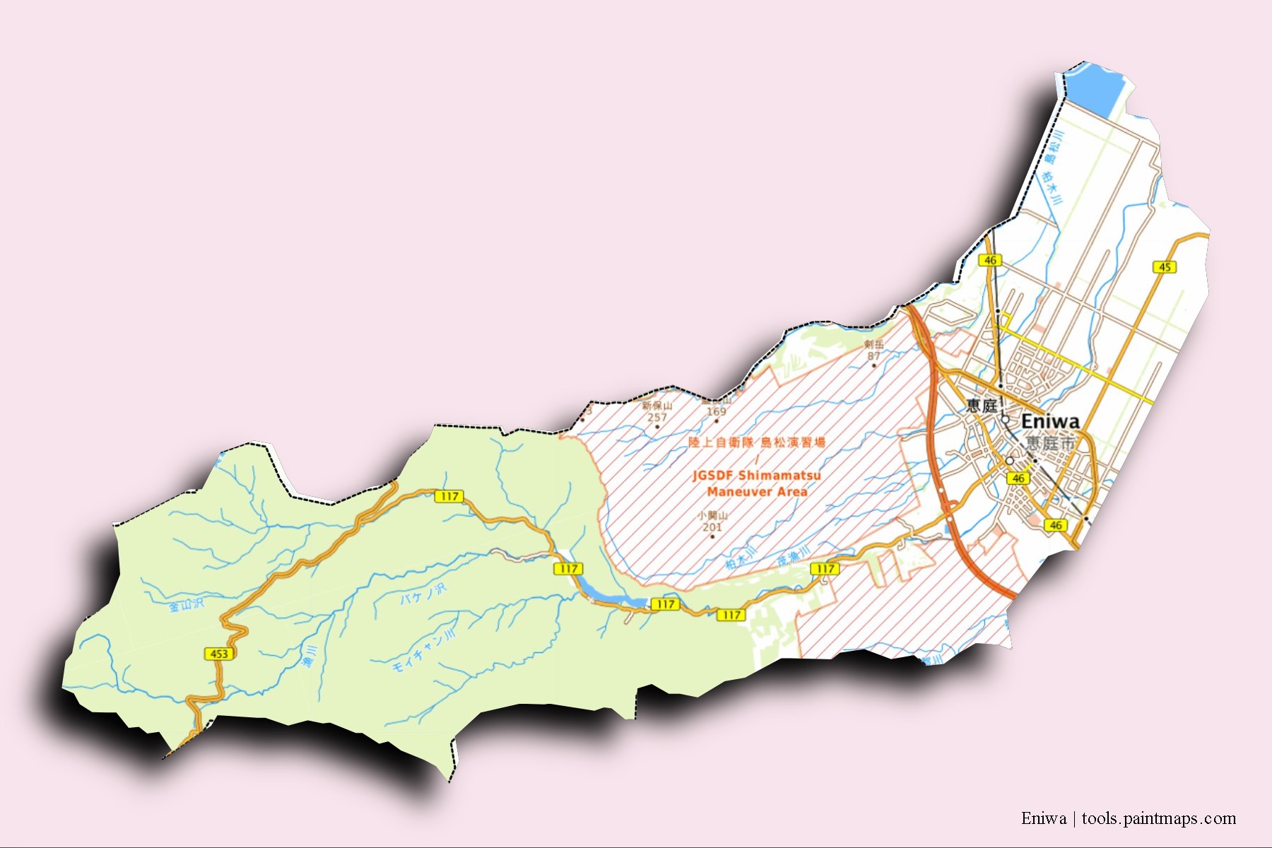 Eniwa neighborhoods and villages map with 3D shadow effect