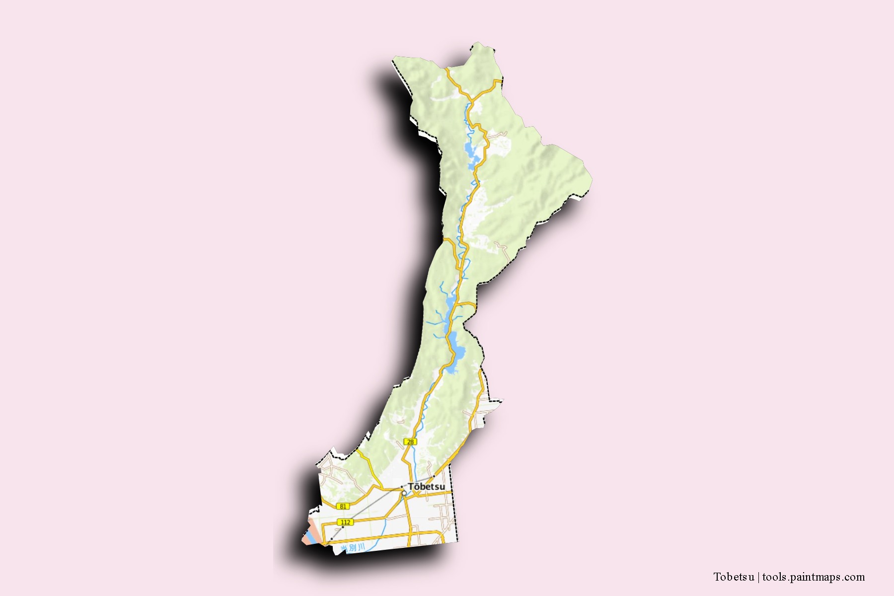 Tobetsu neighborhoods and villages map with 3D shadow effect