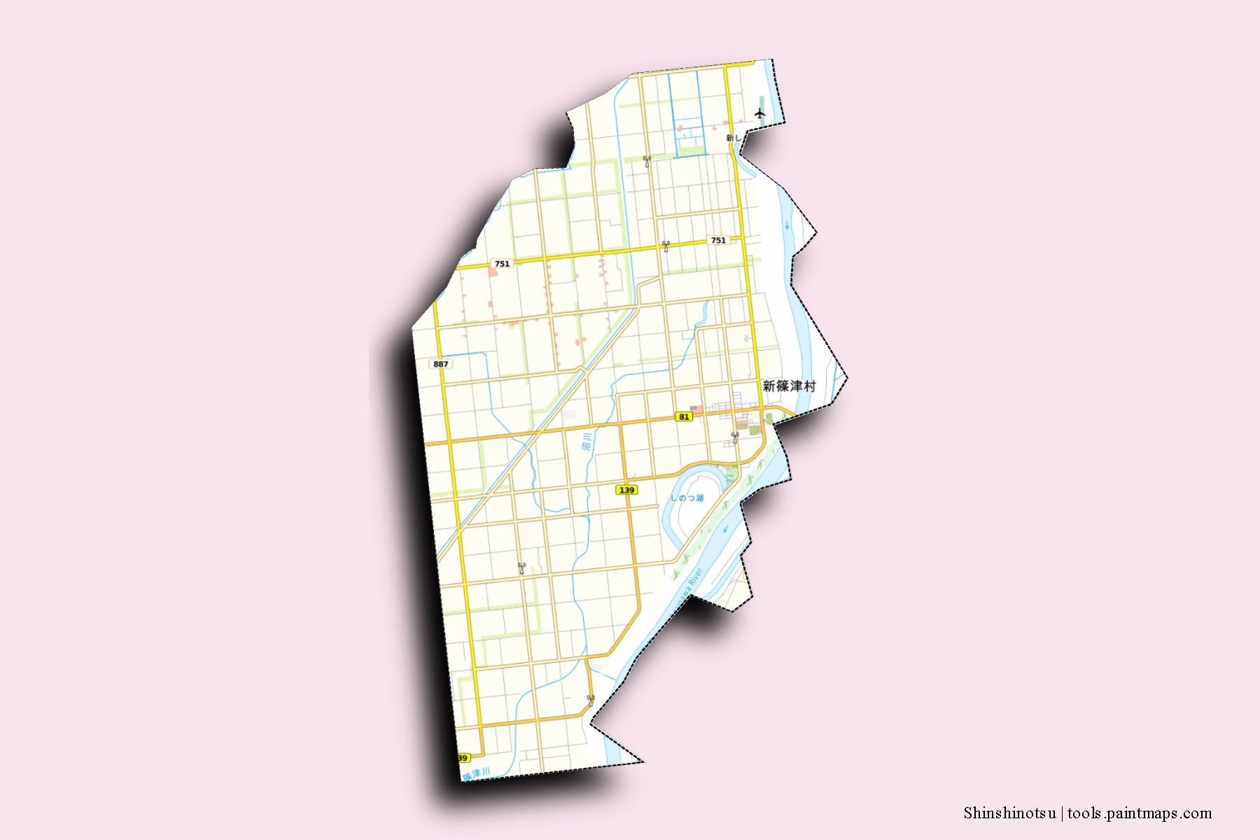 Mapa de barrios y pueblos de Shinshinotsu con efecto de sombra 3D