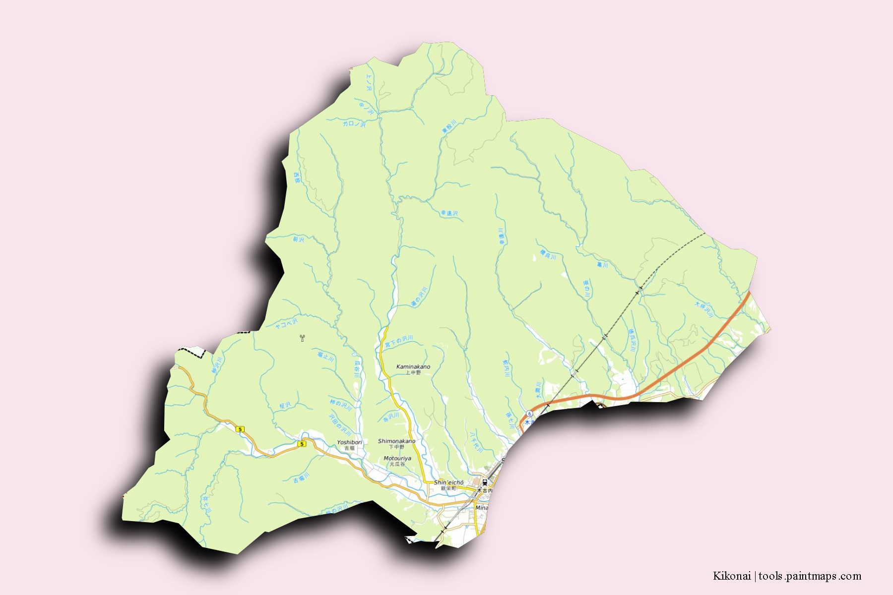 Mapa de barrios y pueblos de Kikonai con efecto de sombra 3D