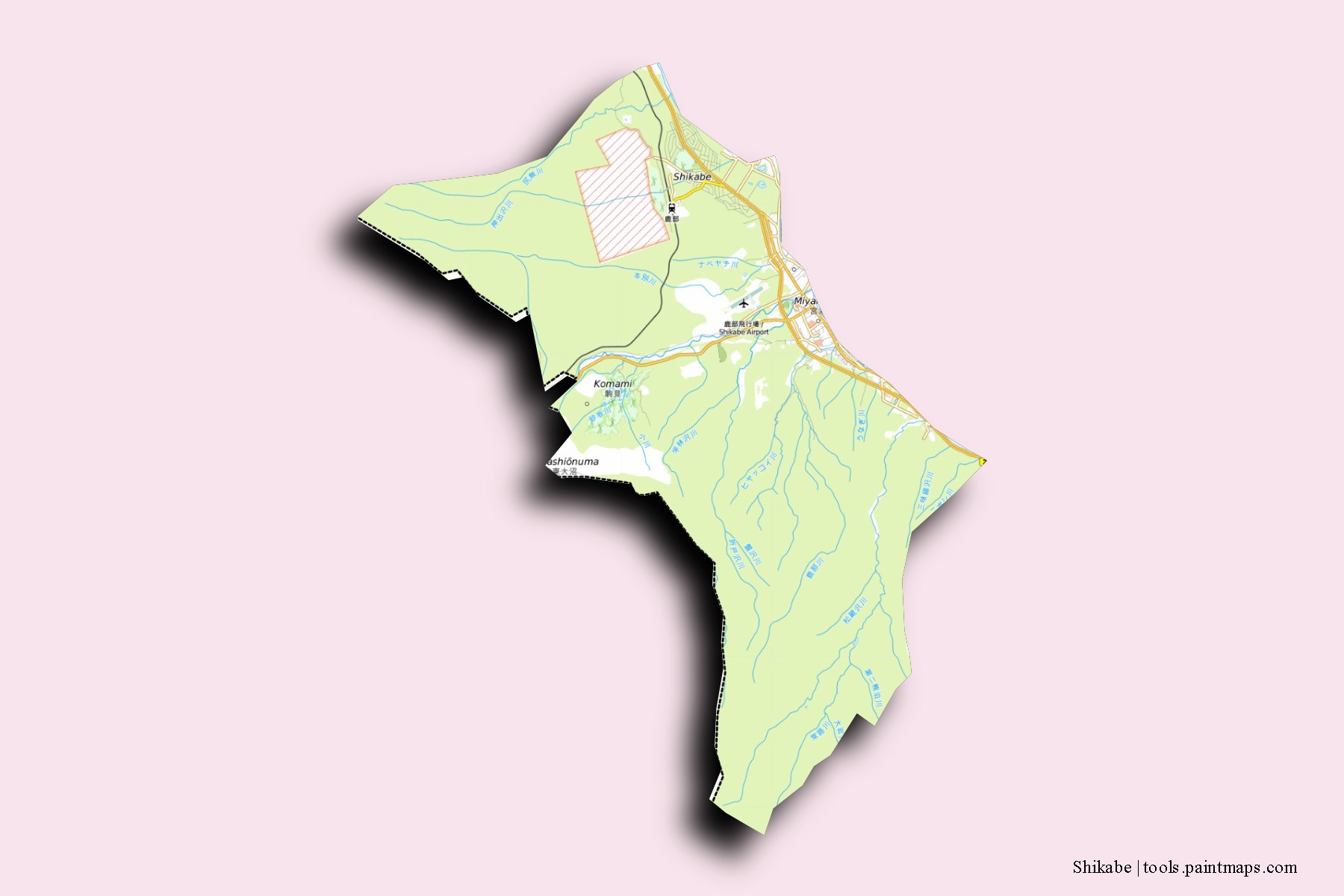 Shikabe neighborhoods and villages map with 3D shadow effect