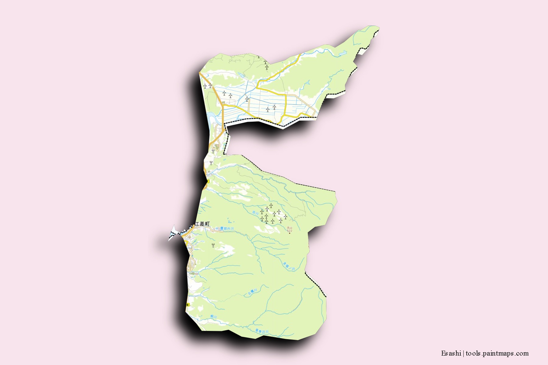 Mapa de barrios y pueblos de Esashi con efecto de sombra 3D