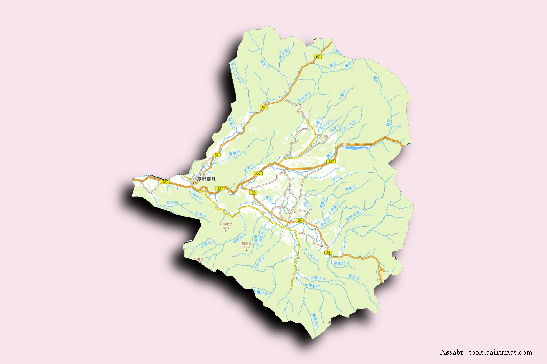 Assabu neighborhoods and villages map with 3D shadow effect