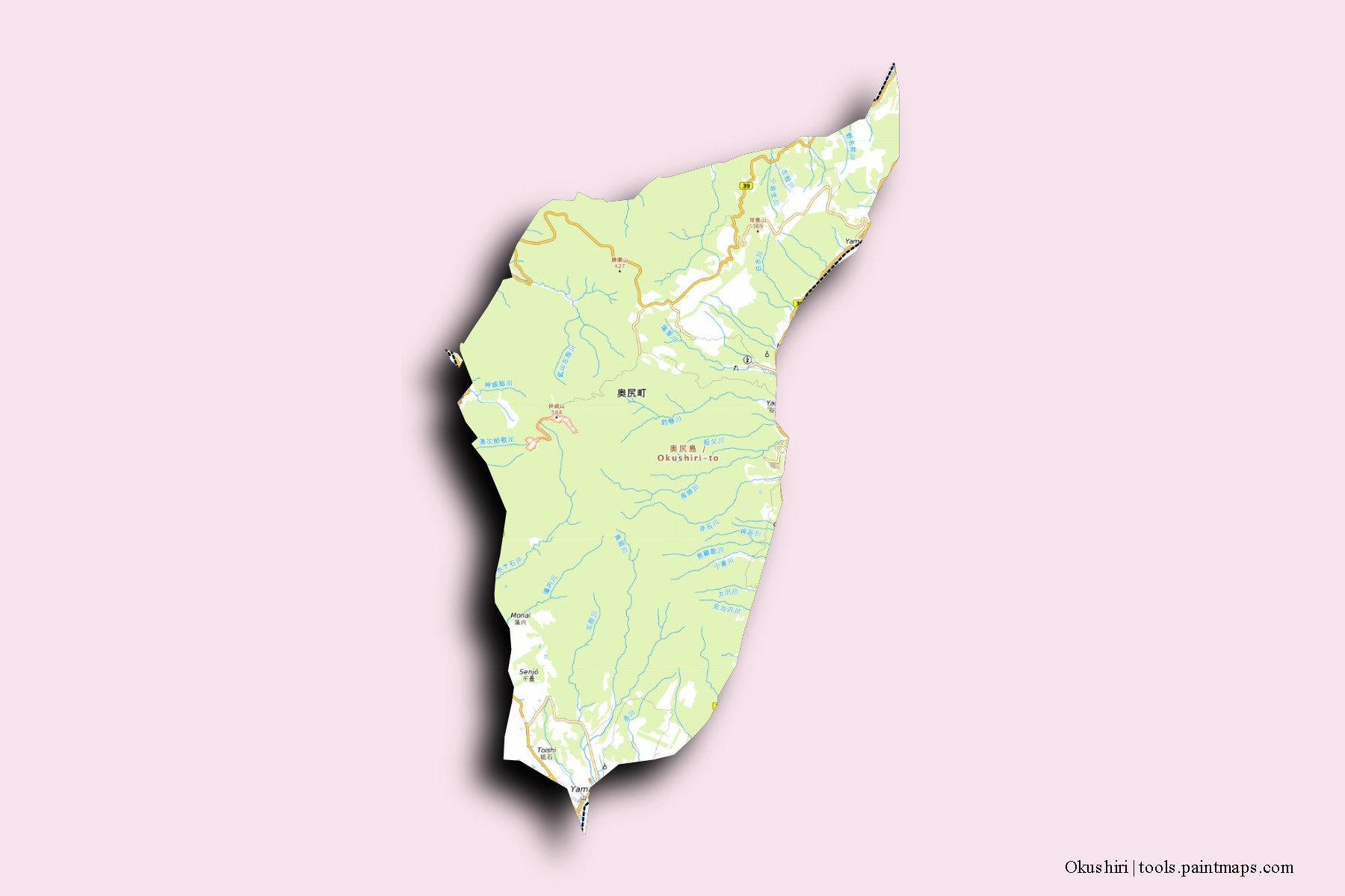 Okushiri neighborhoods and villages map with 3D shadow effect