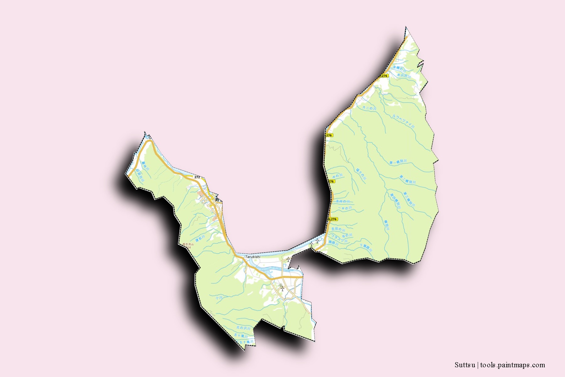 Suttsu neighborhoods and villages map with 3D shadow effect