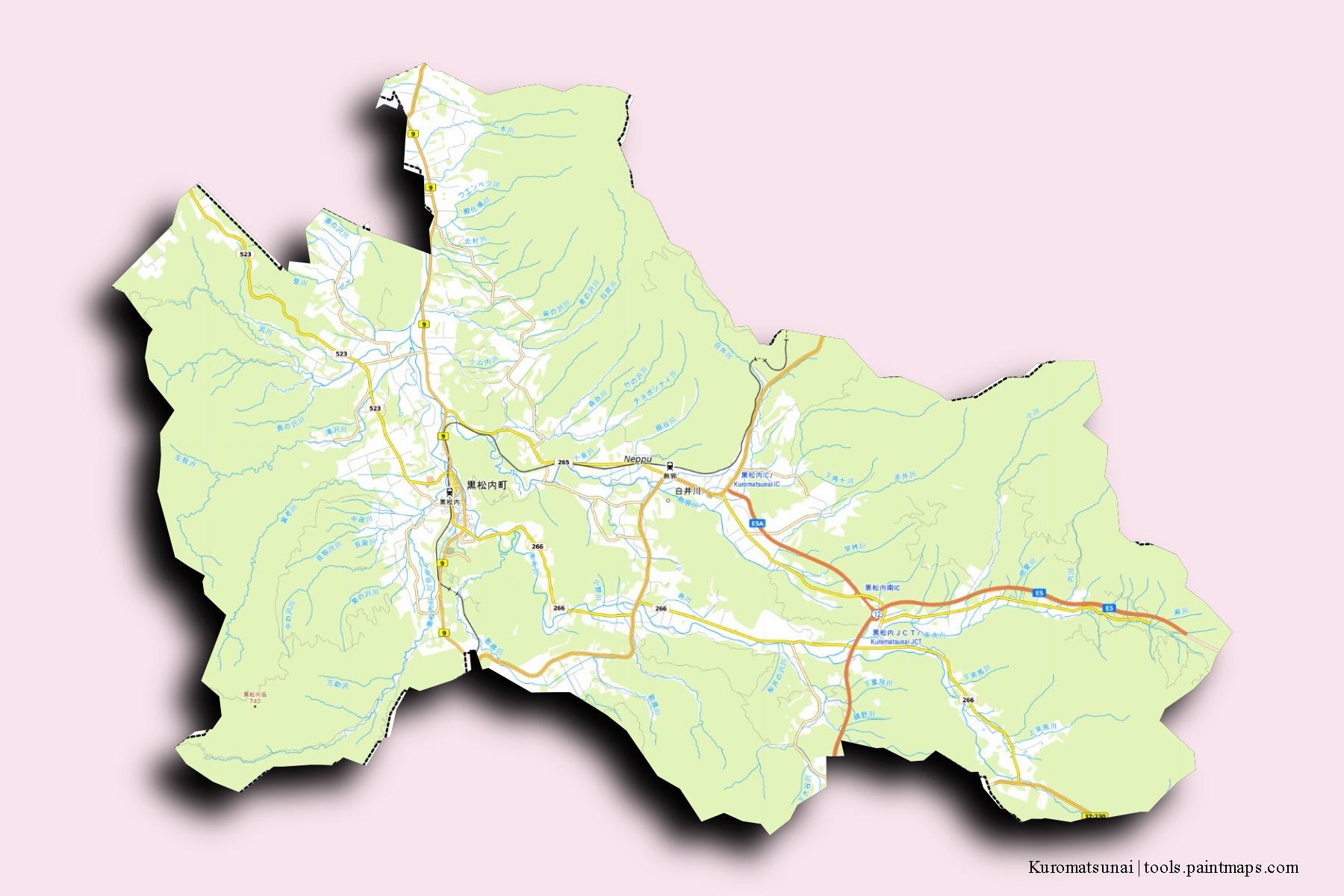 Mapa de barrios y pueblos de Kuromatsunai con efecto de sombra 3D