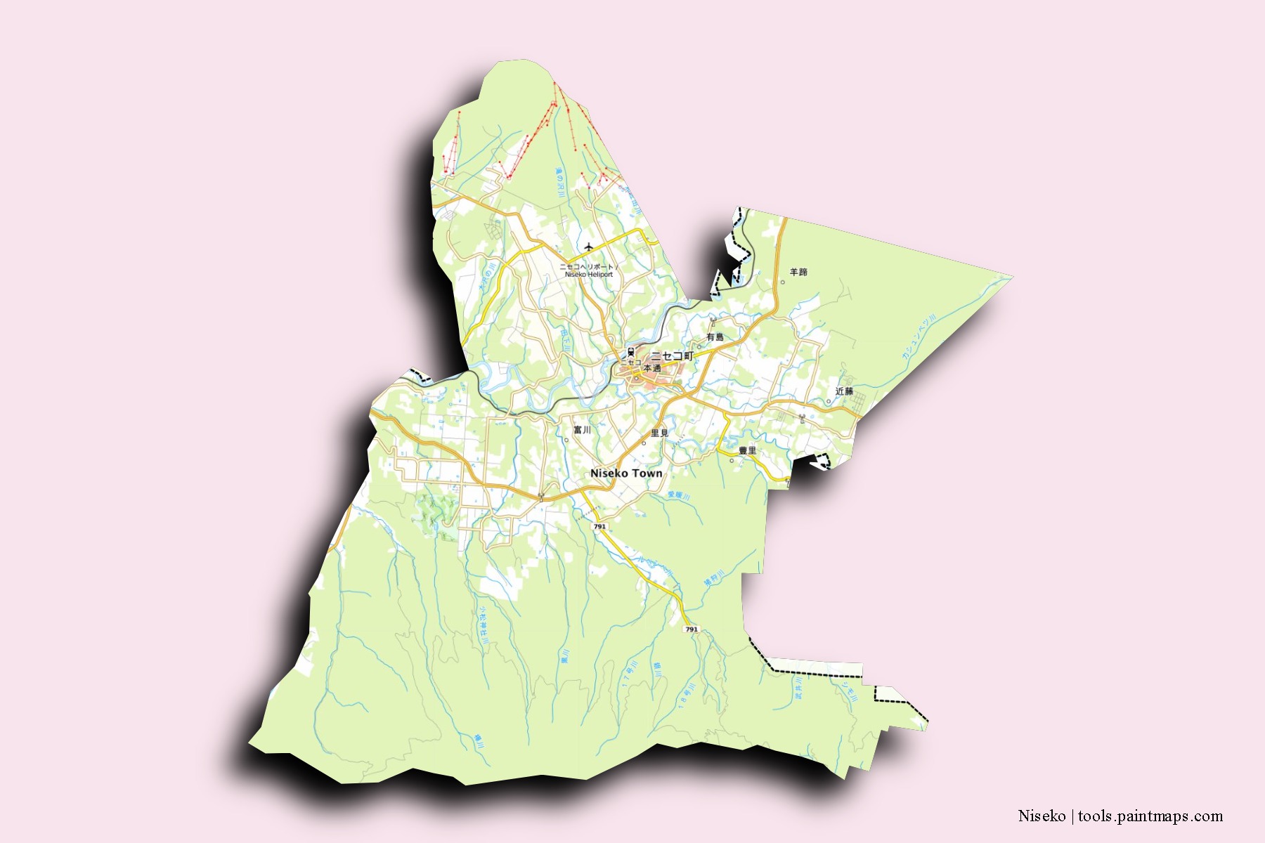 Mapa de barrios y pueblos de Niseko con efecto de sombra 3D