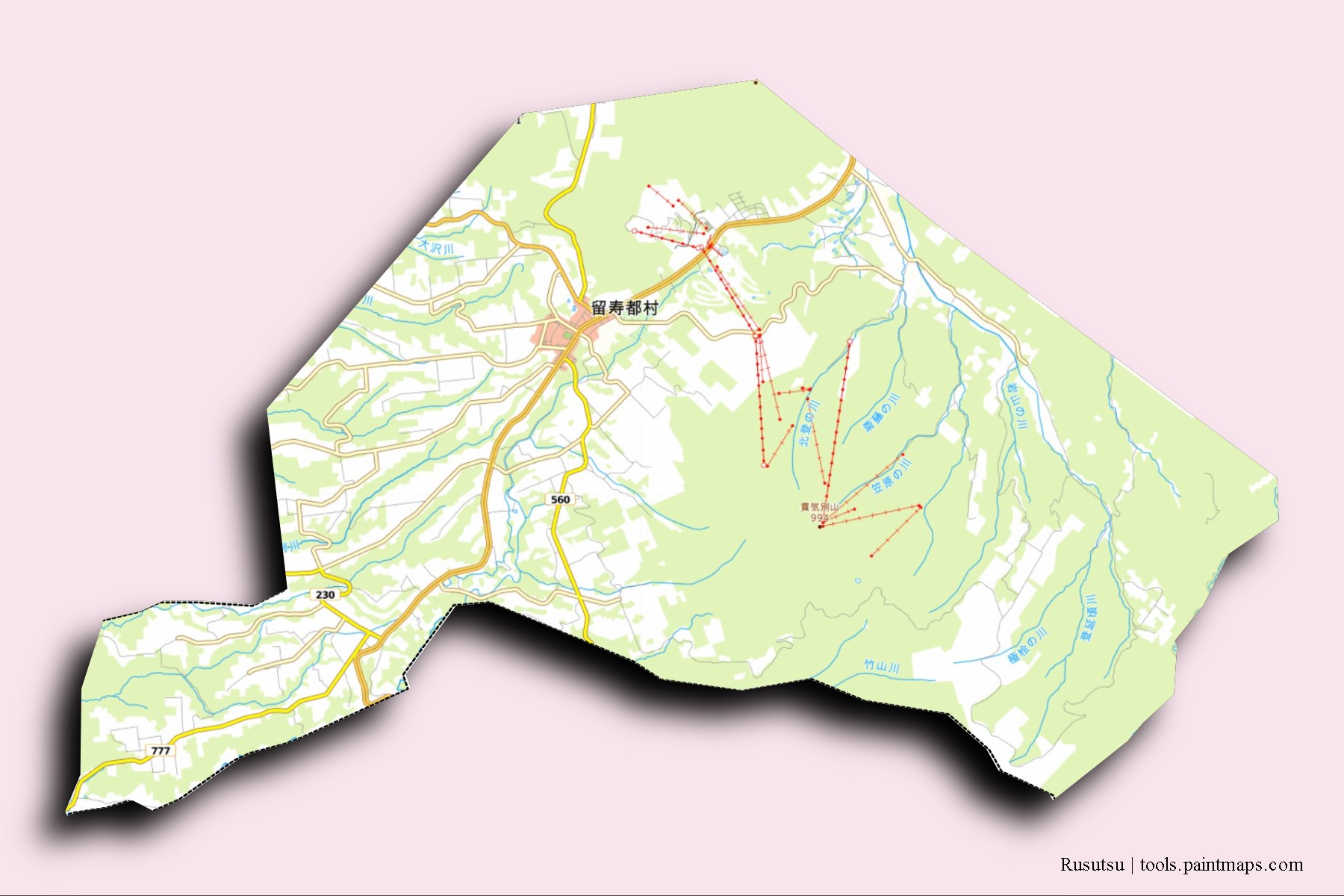 Rusutsu neighborhoods and villages map with 3D shadow effect