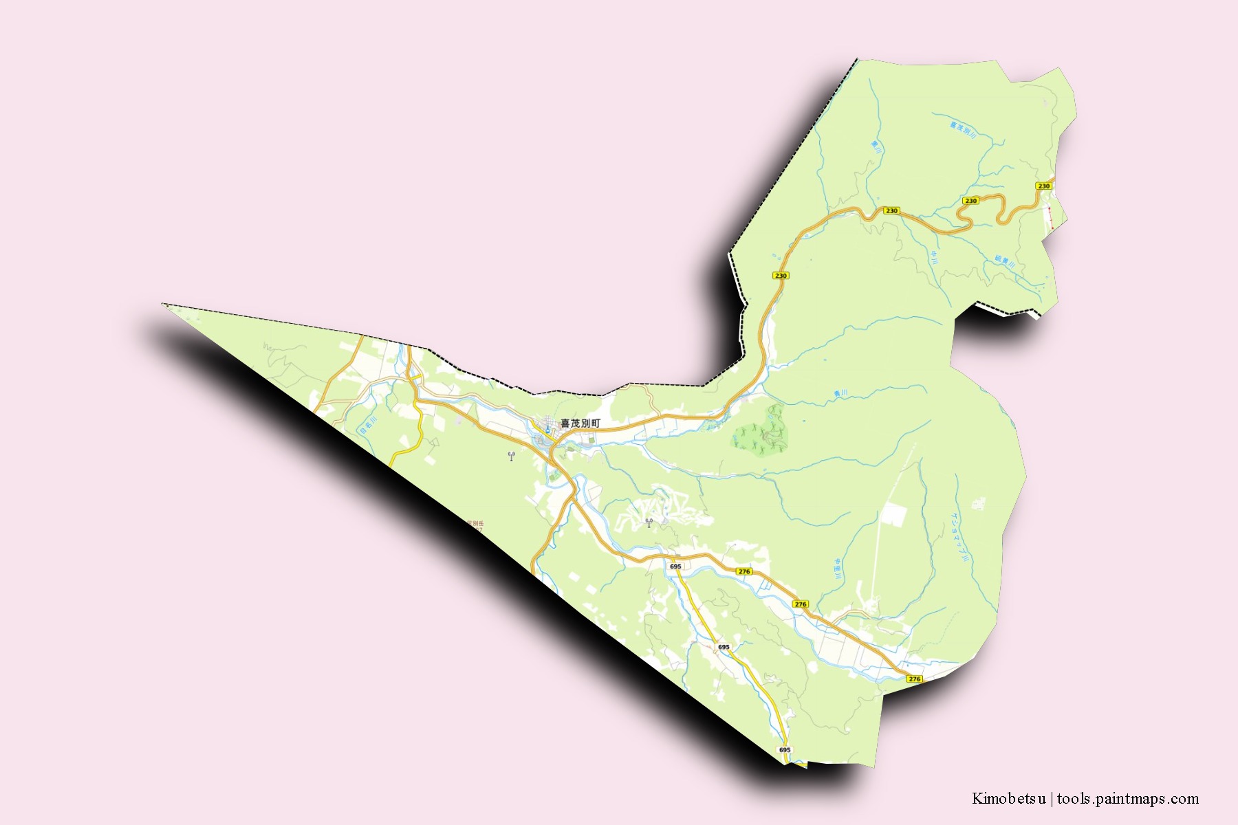 Kimobetsu neighborhoods and villages map with 3D shadow effect