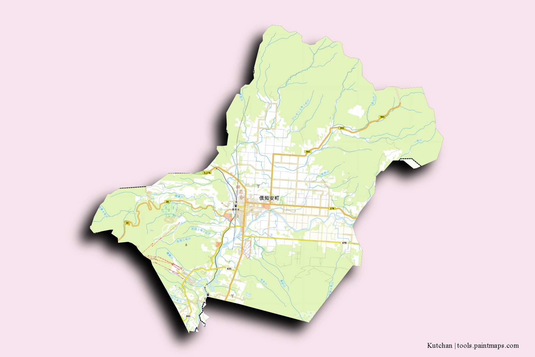 Kutchan neighborhoods and villages map with 3D shadow effect