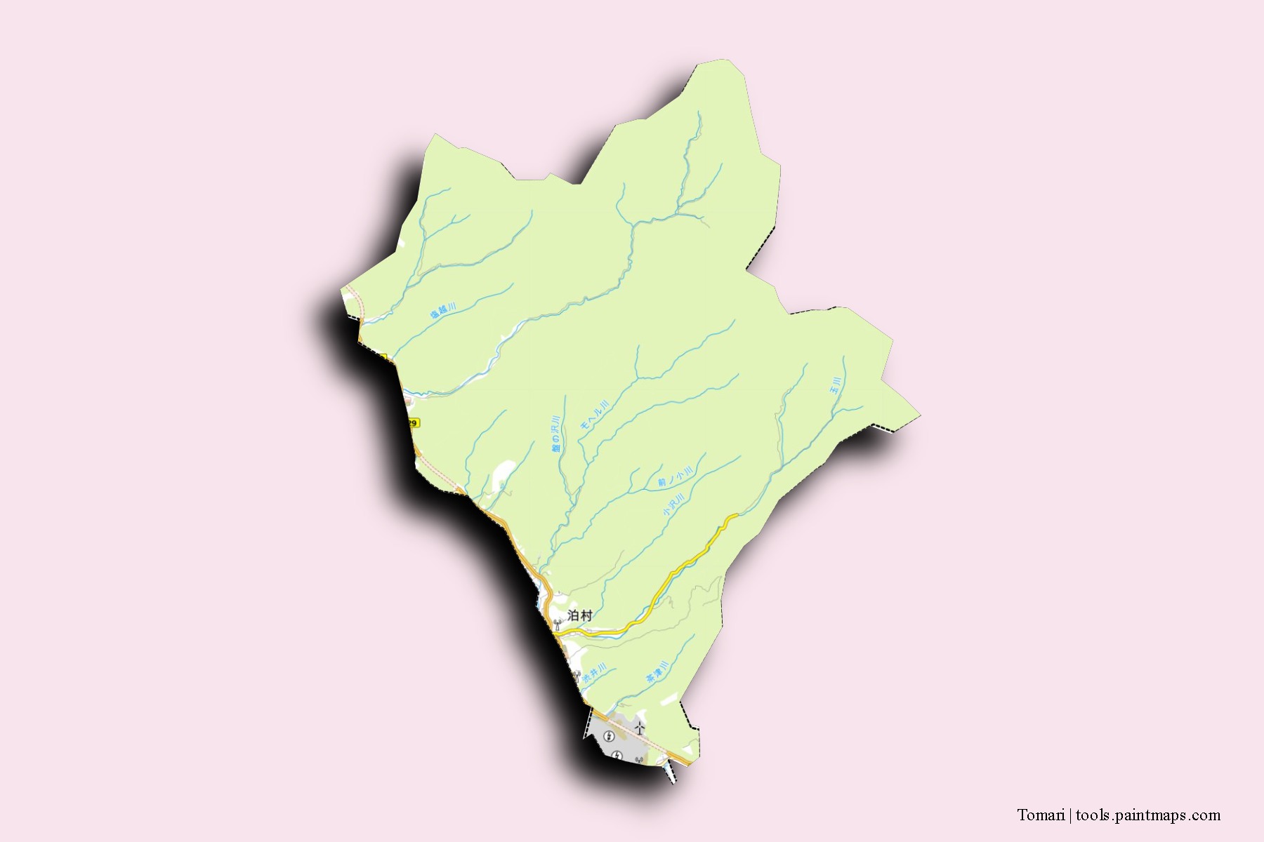 Tomari neighborhoods and villages map with 3D shadow effect