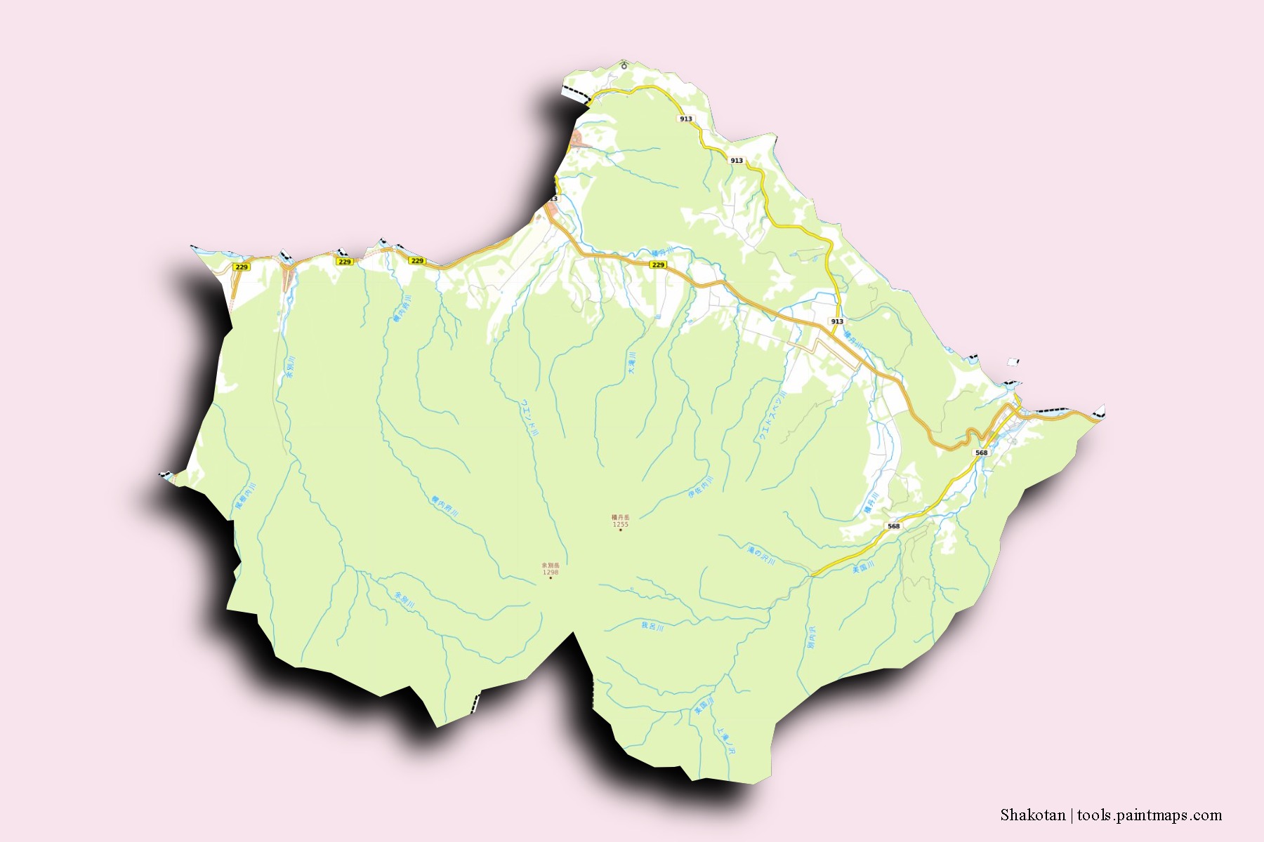 Mapa de barrios y pueblos de Shakotan con efecto de sombra 3D