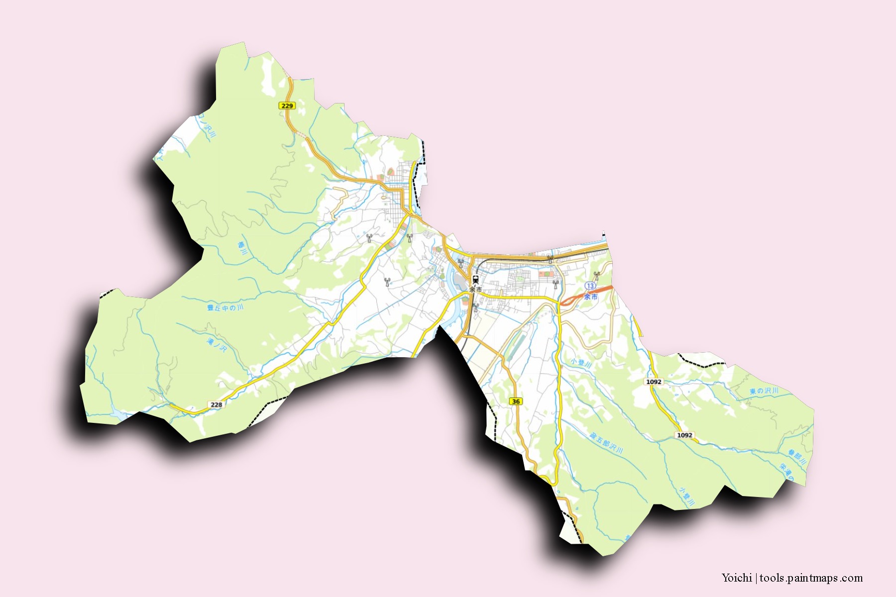 Mapa de barrios y pueblos de Yoichi con efecto de sombra 3D