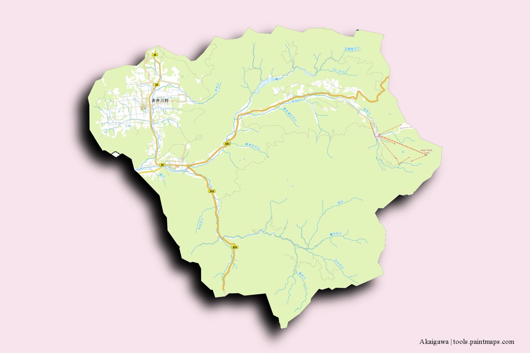 Mapa de barrios y pueblos de Akaigawa con efecto de sombra 3D