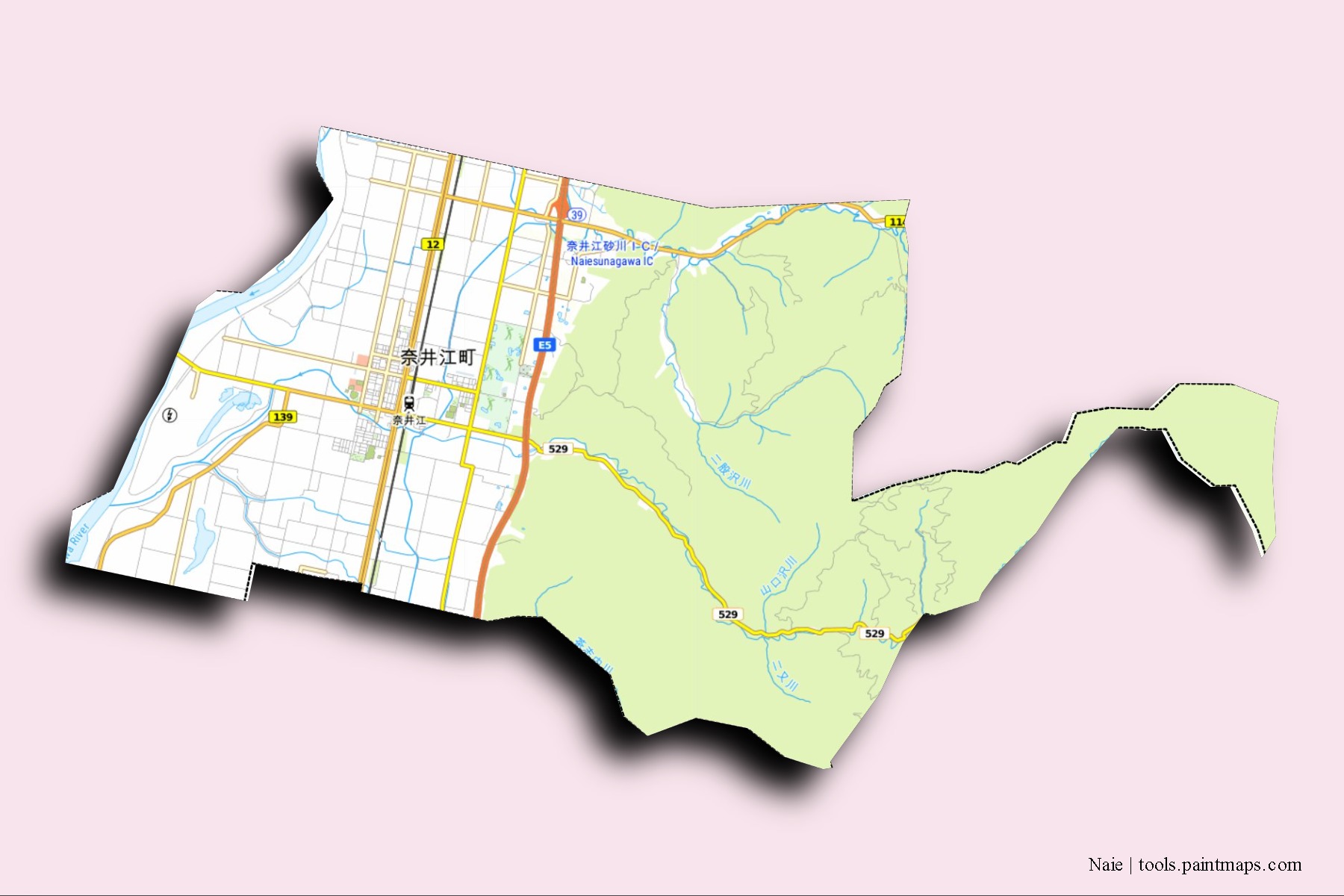 Naie neighborhoods and villages map with 3D shadow effect