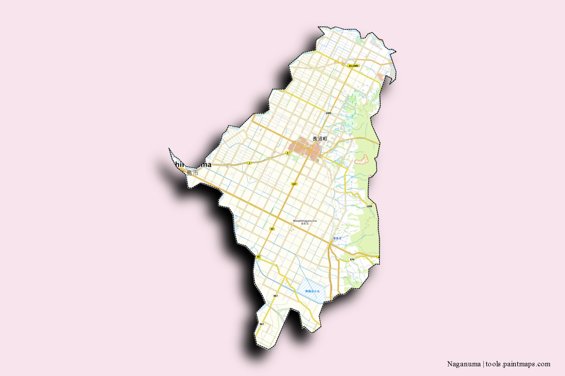 Naganuma neighborhoods and villages map with 3D shadow effect