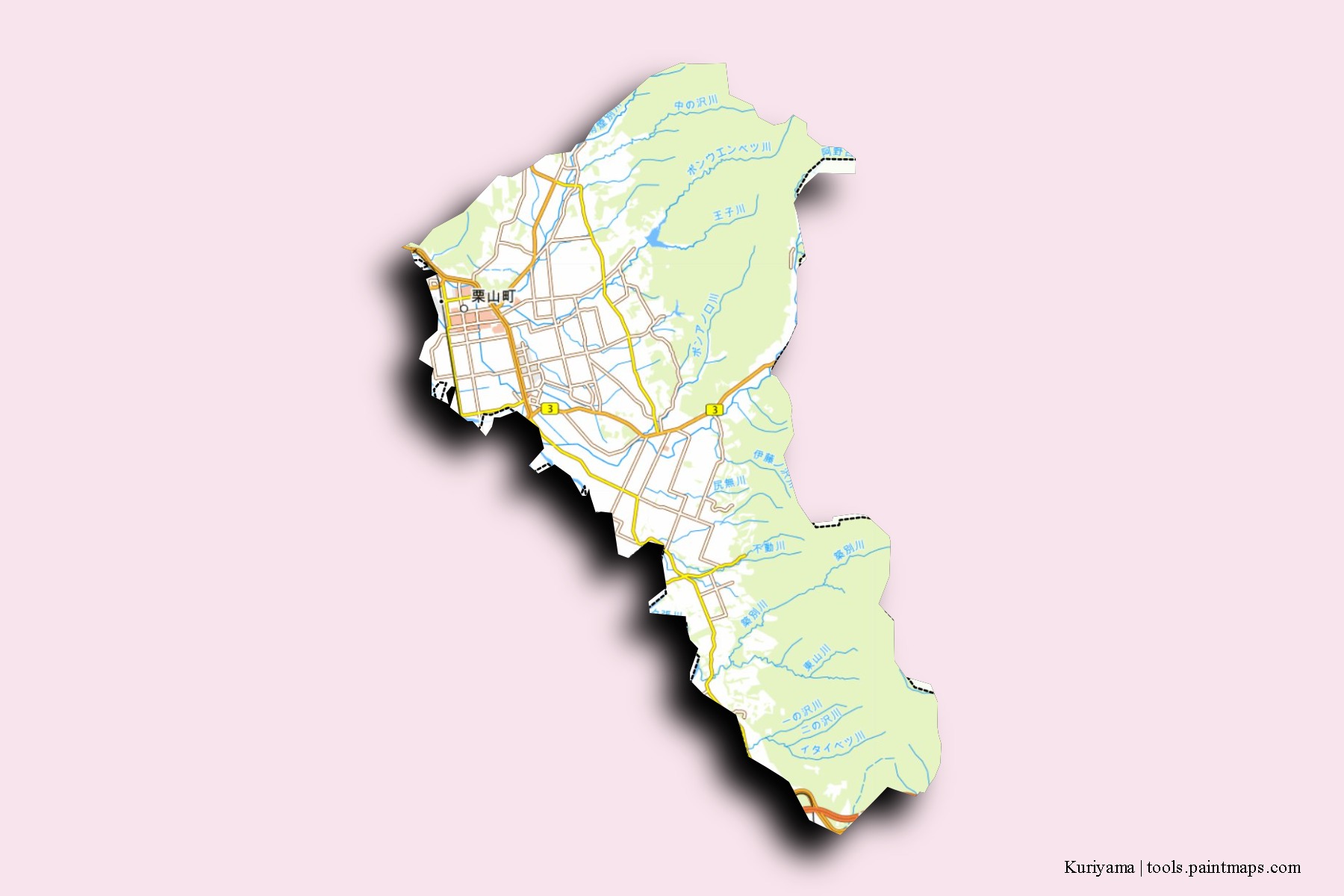 Mapa de barrios y pueblos de Kuriyama con efecto de sombra 3D