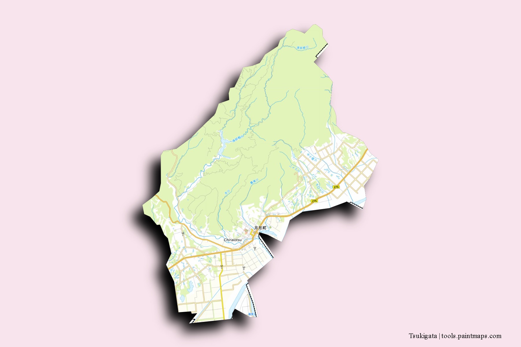 Tsukigata neighborhoods and villages map with 3D shadow effect