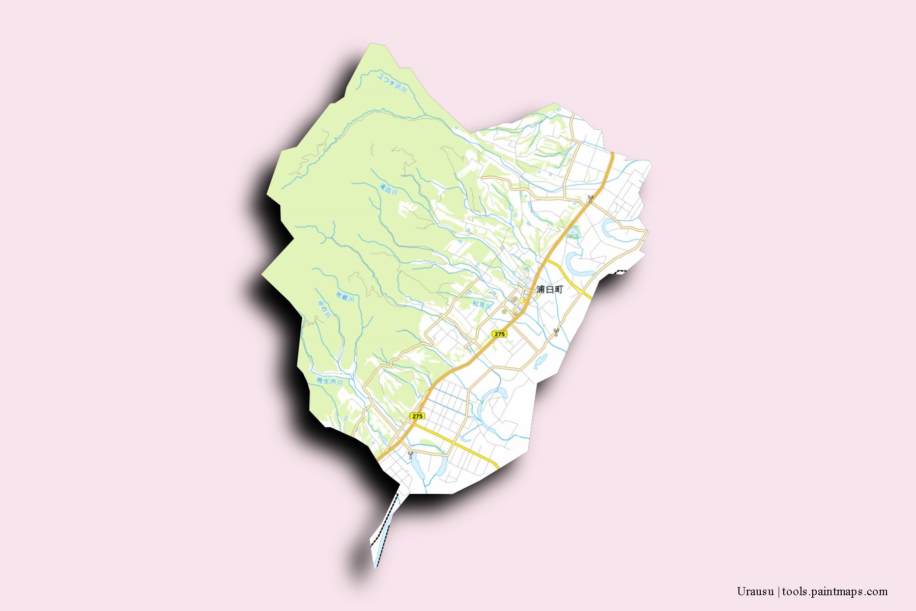 Mapa de barrios y pueblos de Urausu con efecto de sombra 3D