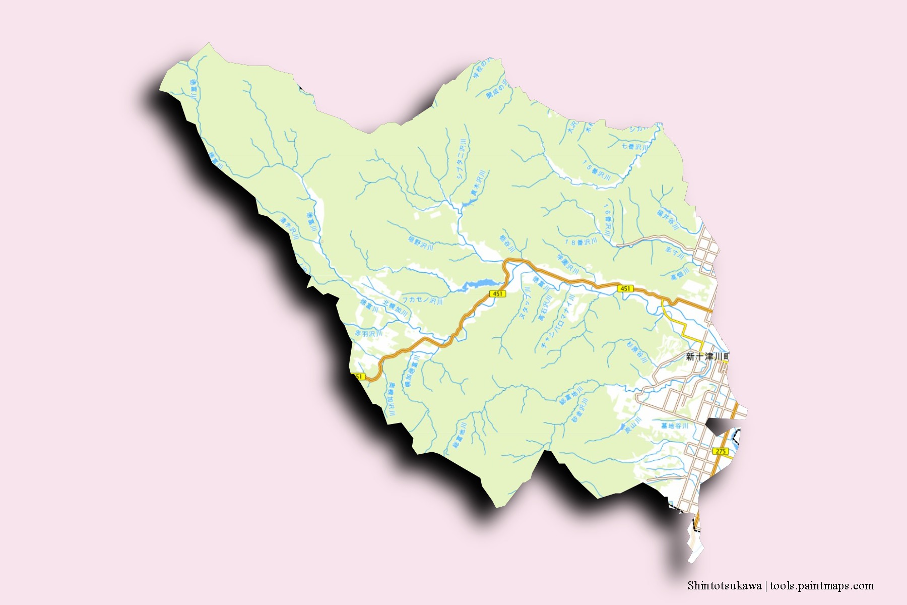 Shintotsukawa neighborhoods and villages map with 3D shadow effect