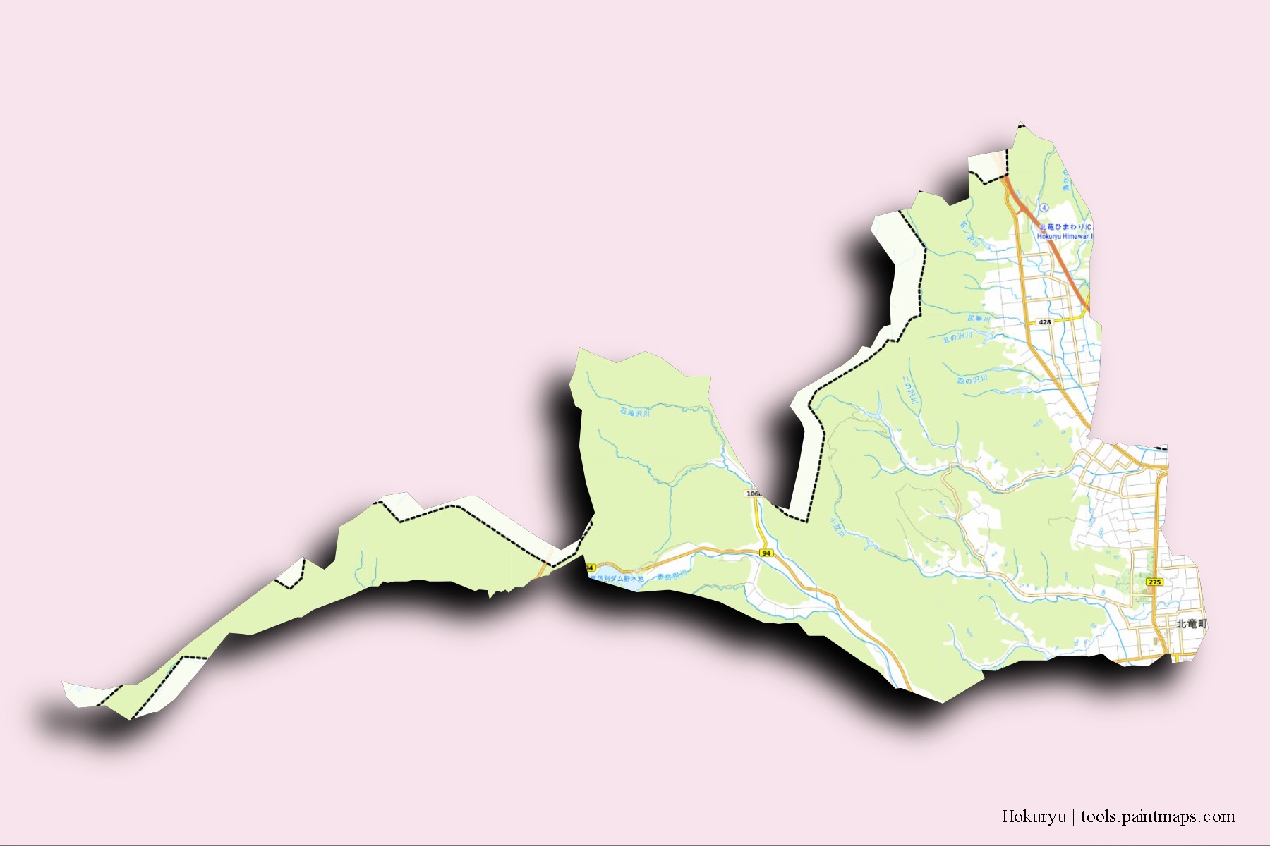 Mapa de barrios y pueblos de Hokuryu con efecto de sombra 3D