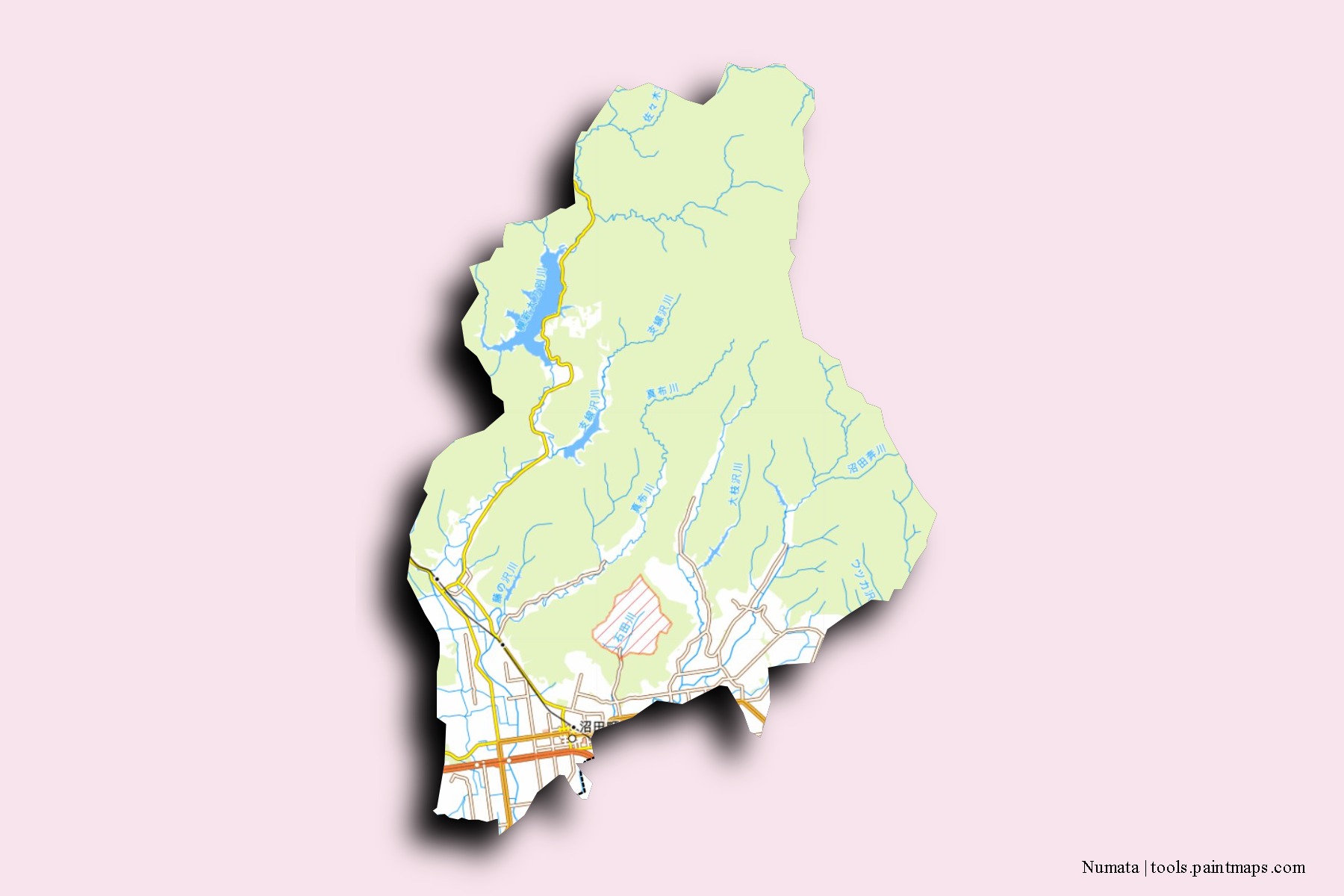 Numata neighborhoods and villages map with 3D shadow effect