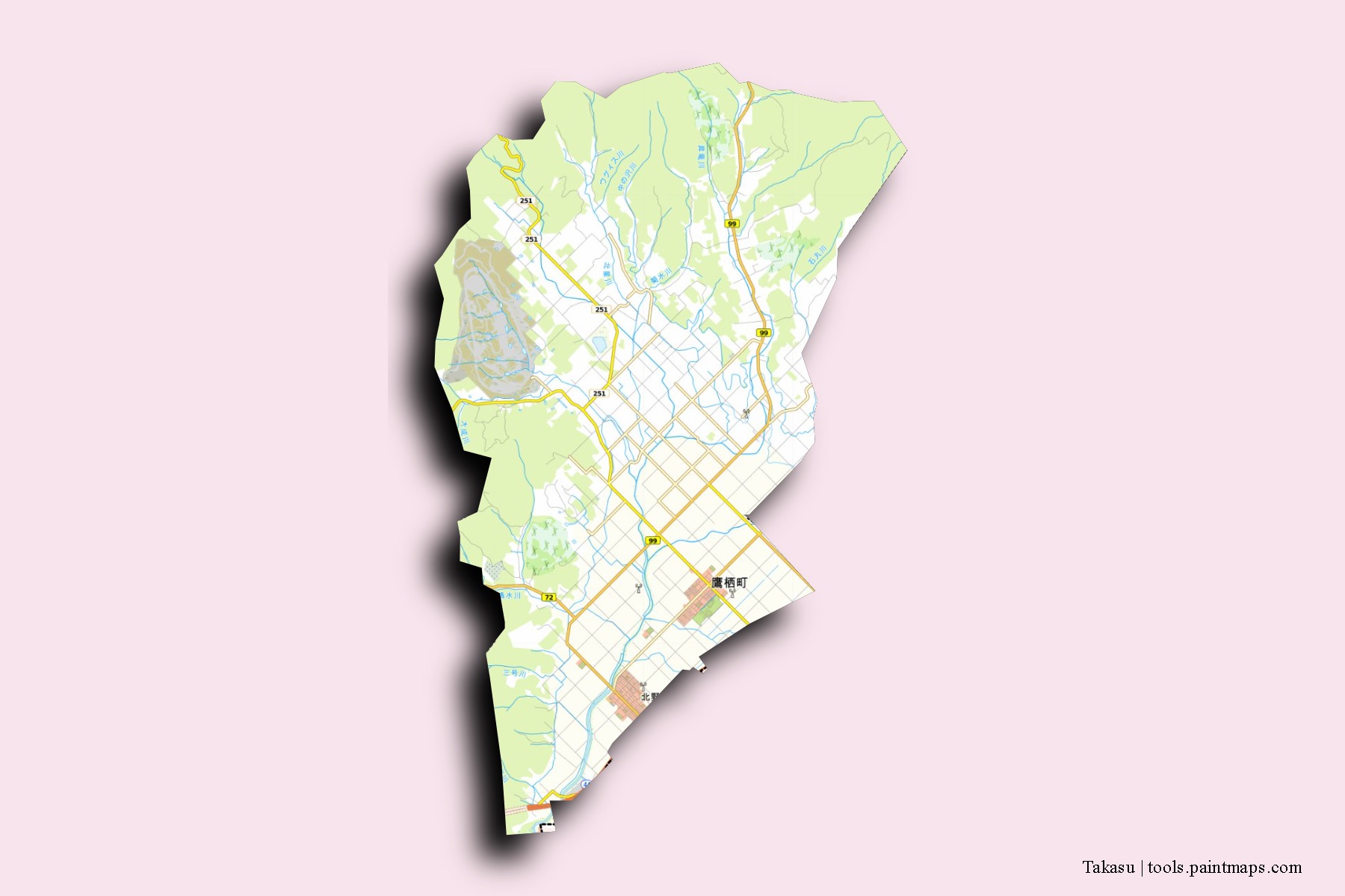 Takasu neighborhoods and villages map with 3D shadow effect