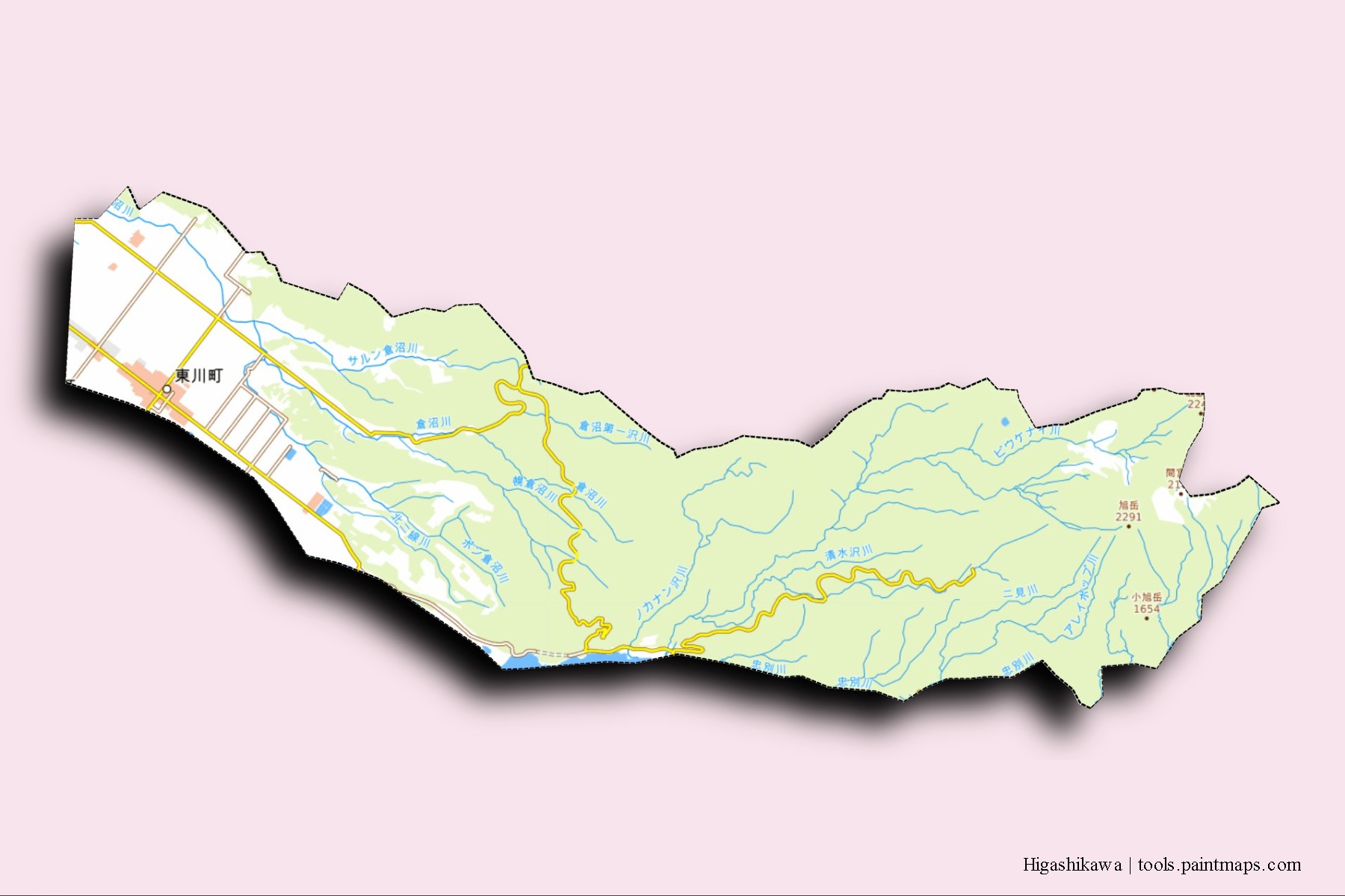 Mapa de barrios y pueblos de Higashikawa con efecto de sombra 3D