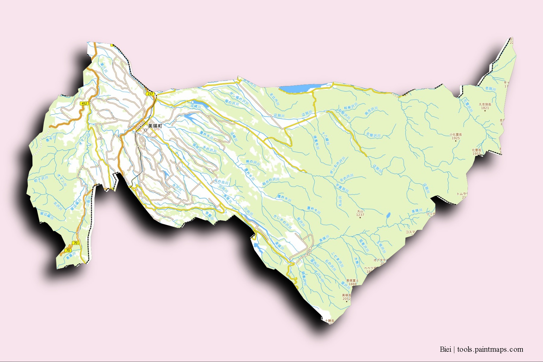 Mapa de barrios y pueblos de Biei con efecto de sombra 3D