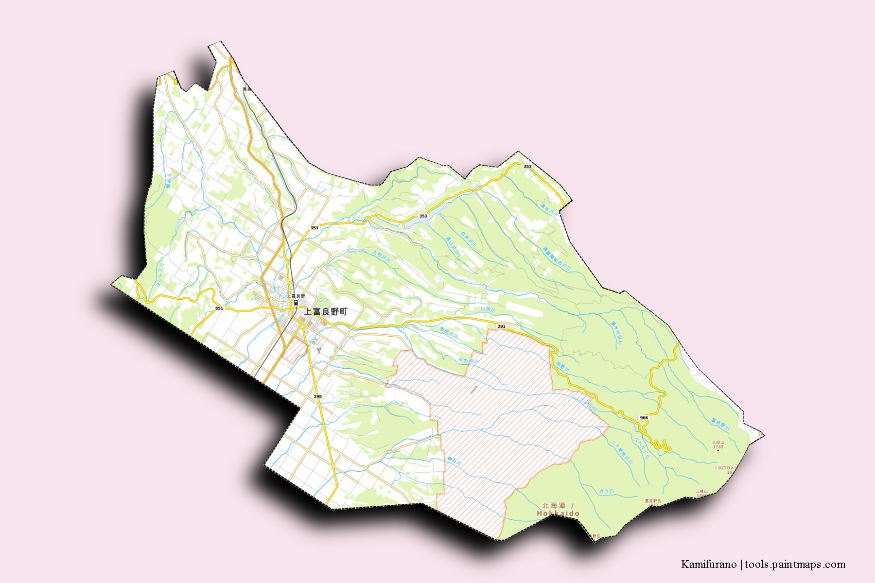 Mapa de barrios y pueblos de Kamifurano con efecto de sombra 3D