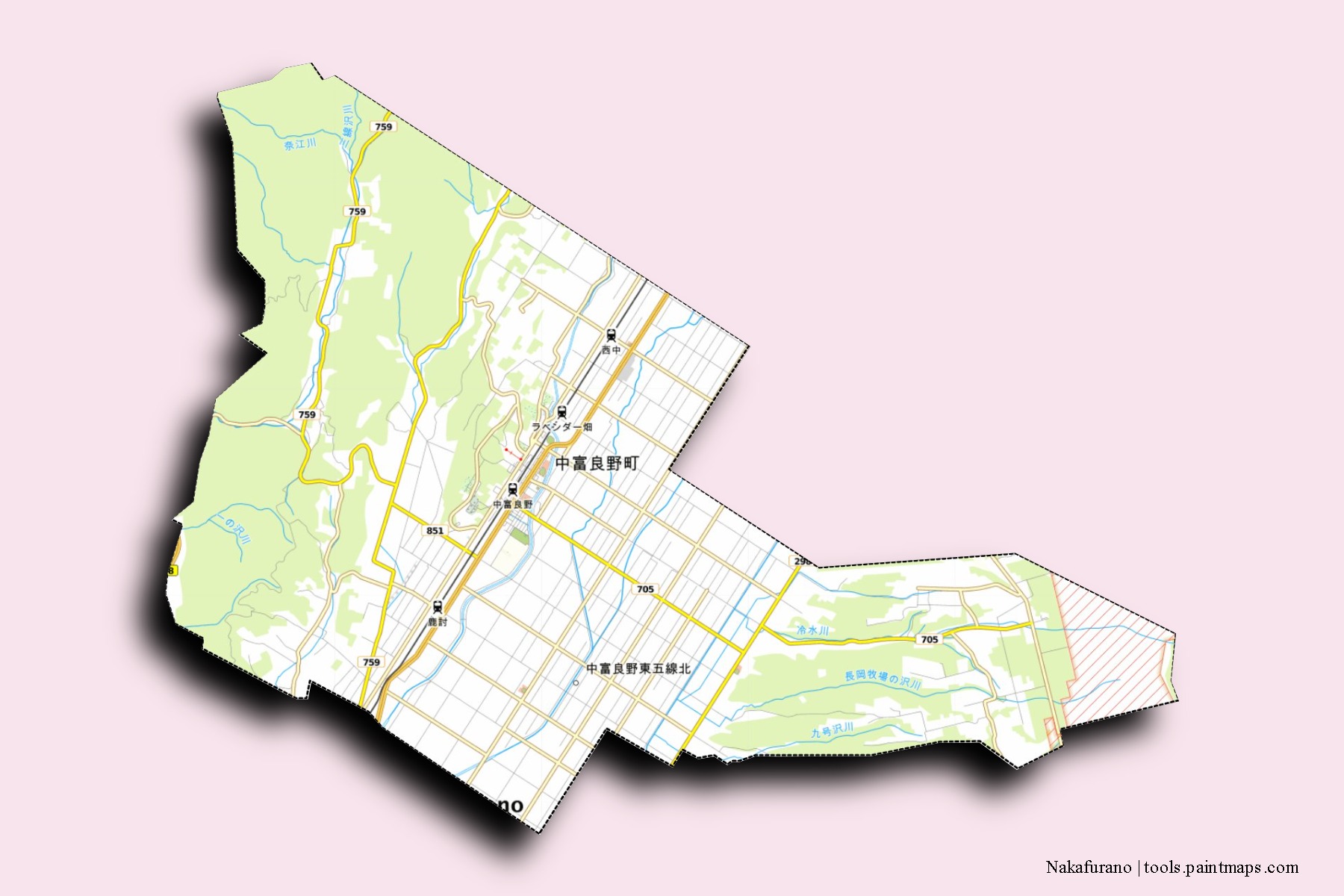 Mapa de barrios y pueblos de Nakafurano con efecto de sombra 3D