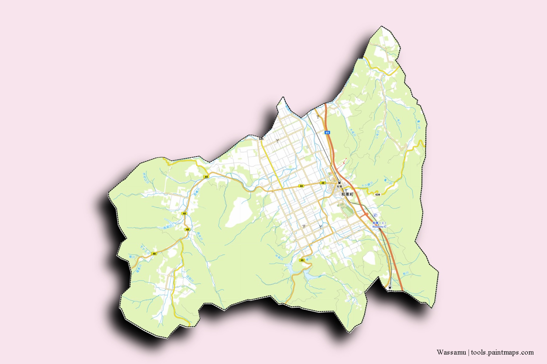 Mapa de barrios y pueblos de Wassamu con efecto de sombra 3D