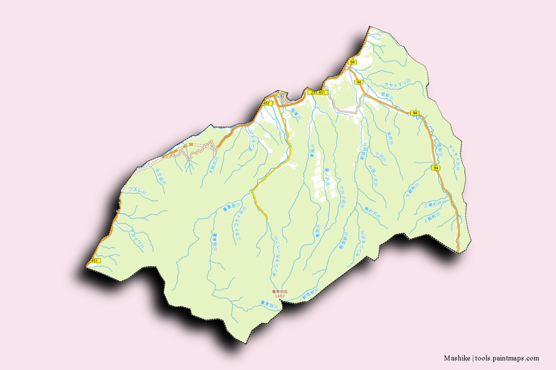 Mapa de barrios y pueblos de Mashike con efecto de sombra 3D