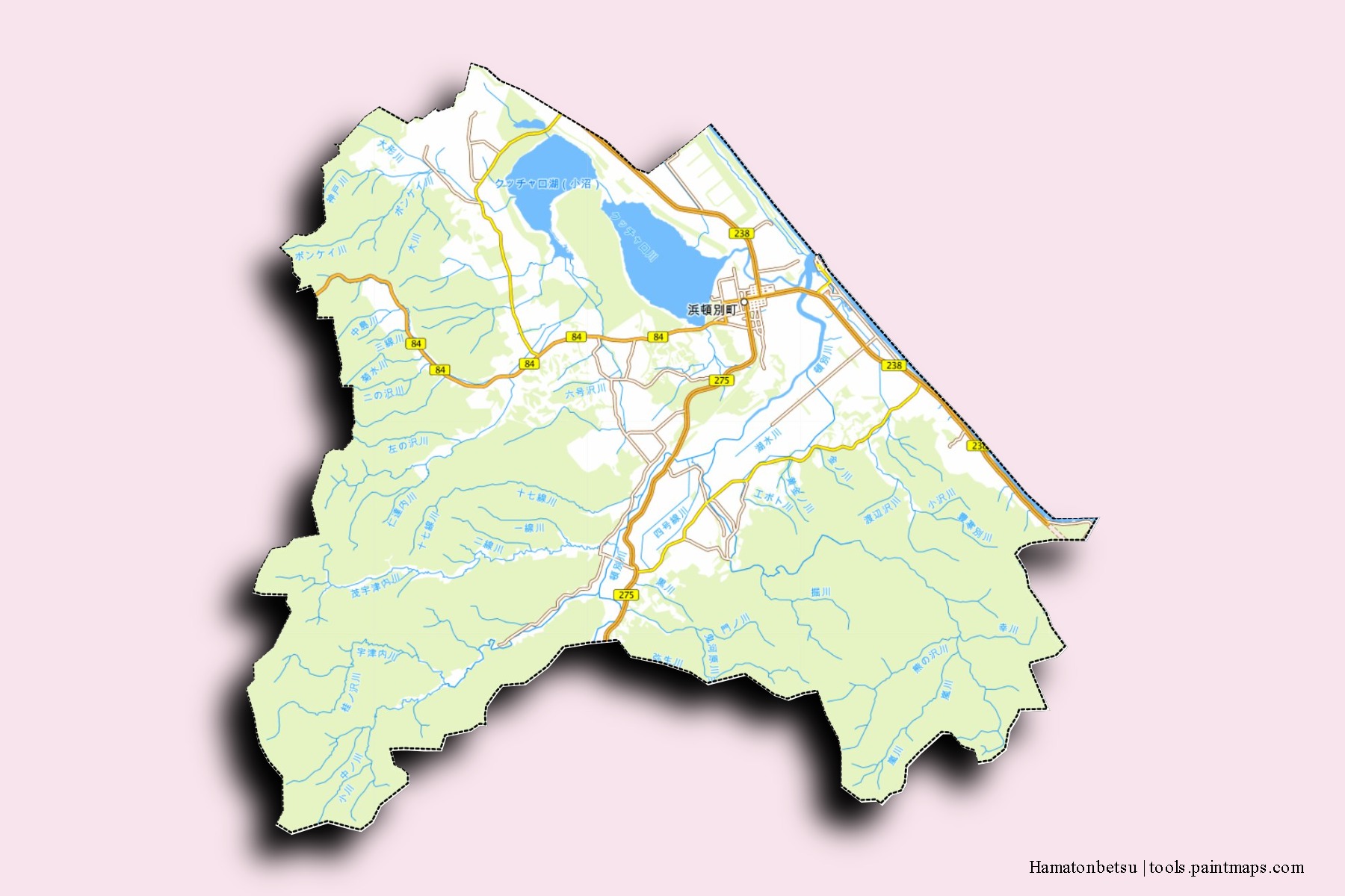 Mapa de barrios y pueblos de Hamatonbetsu con efecto de sombra 3D