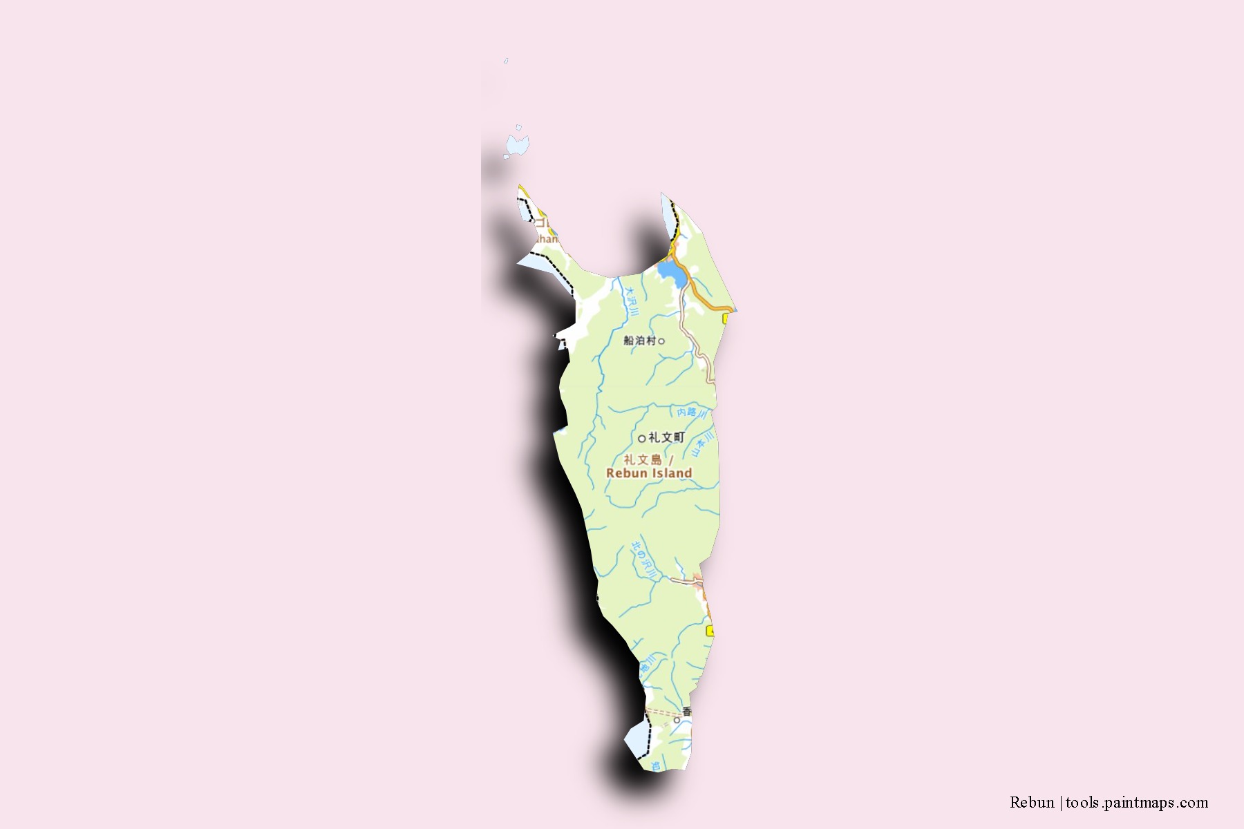 Mapa de barrios y pueblos de Rebun con efecto de sombra 3D